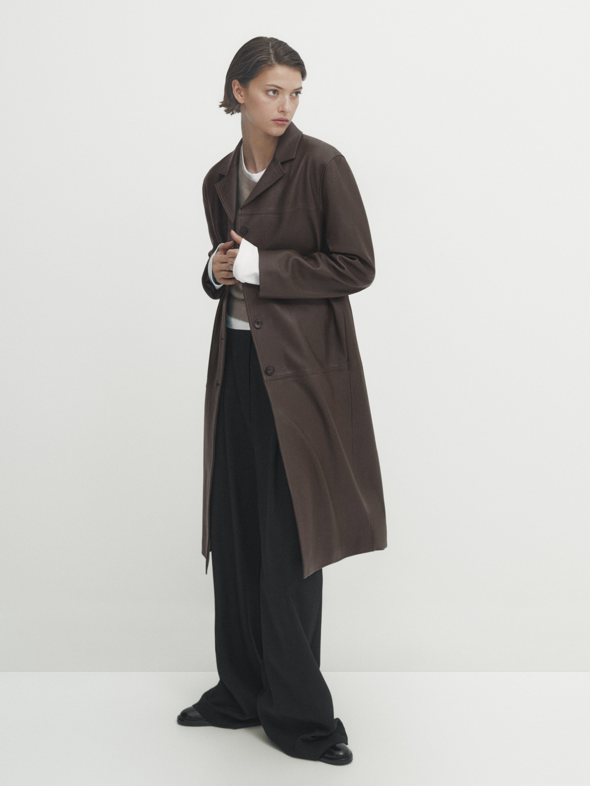Long straight fit nappa leather coat Mole Brown Skirts