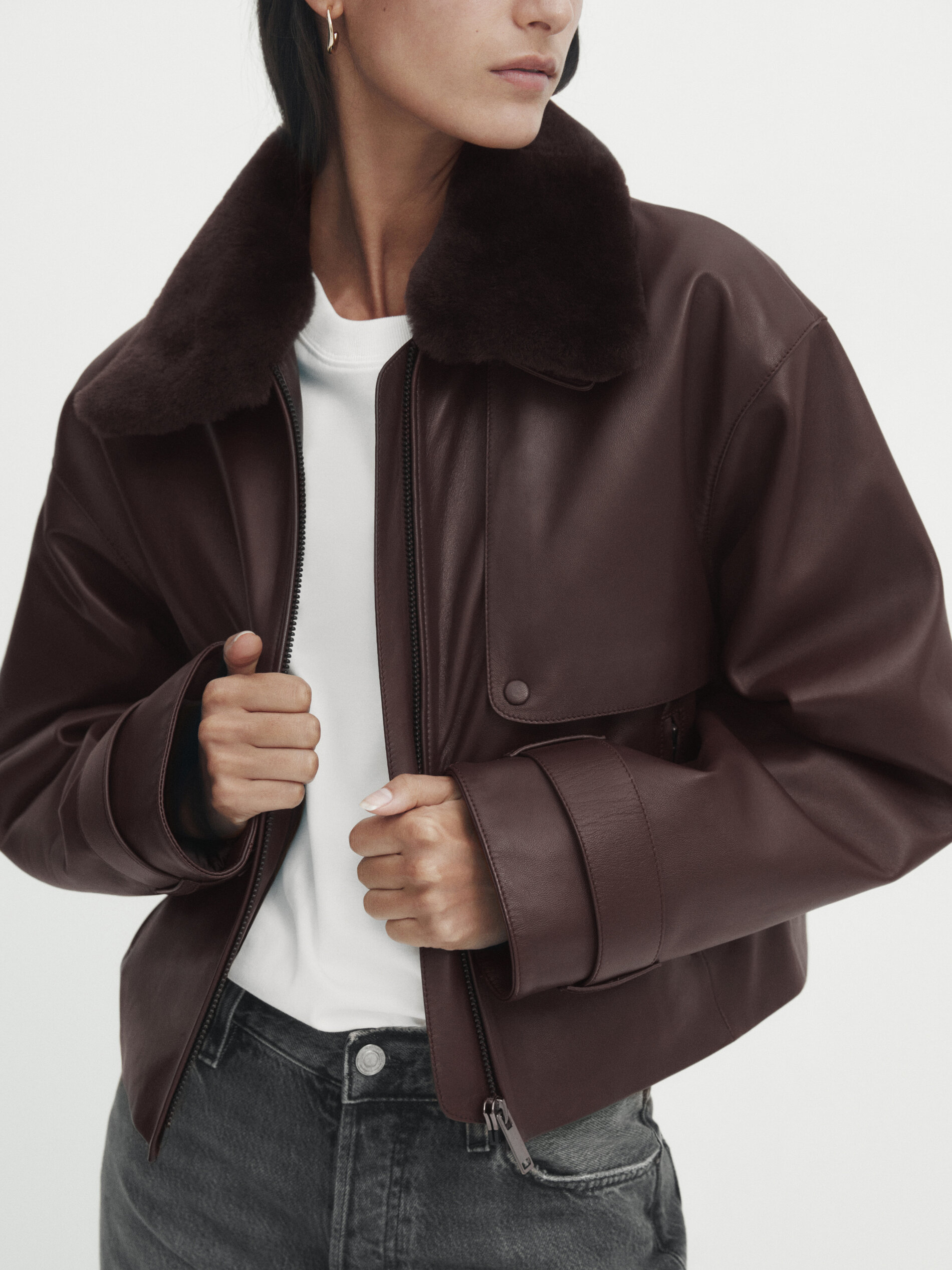 Nappa leather jacket with furskin collar Brown Skirts