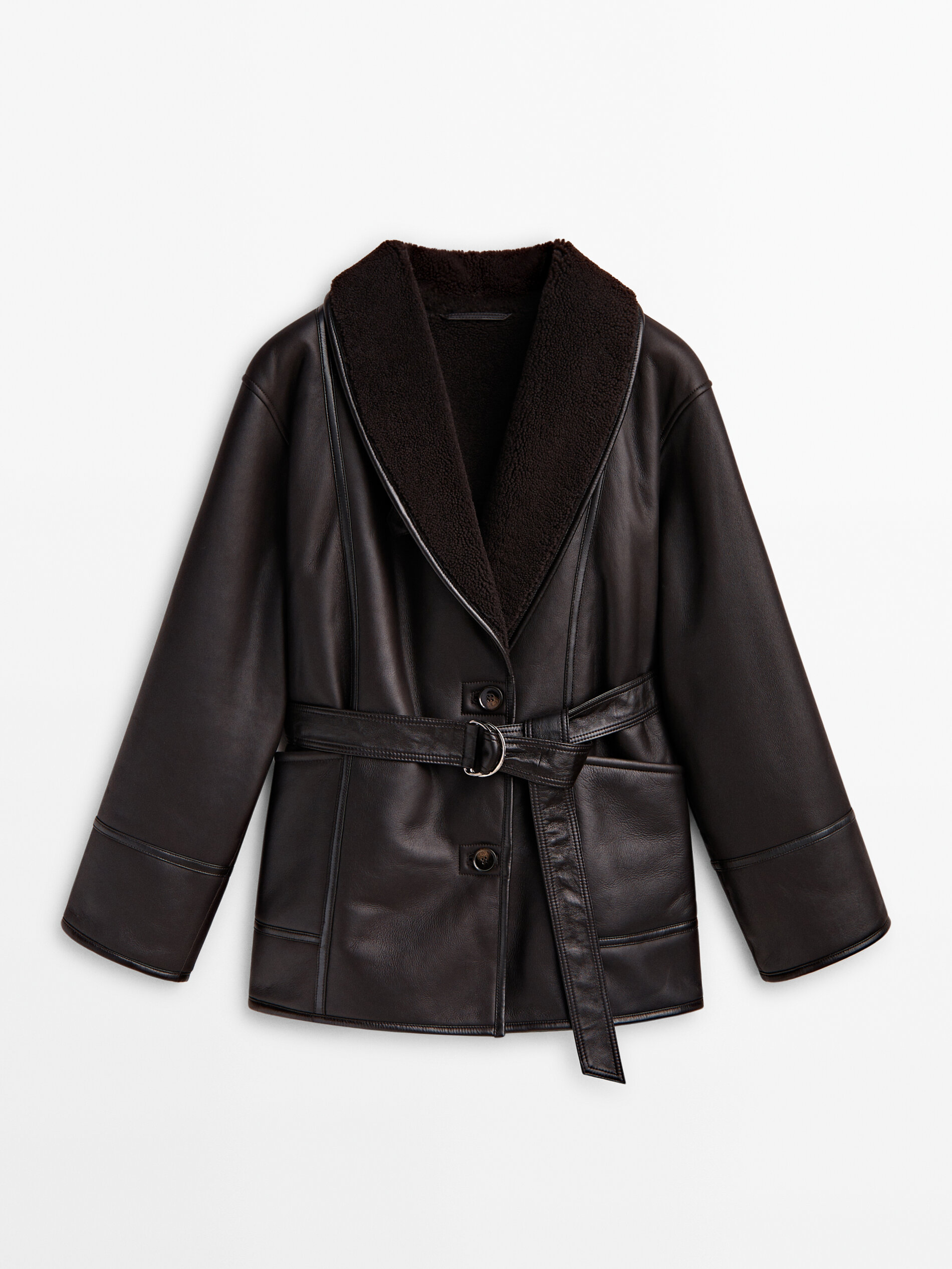 Mouton coat with wraparound collar and belt · Brown · Coats And