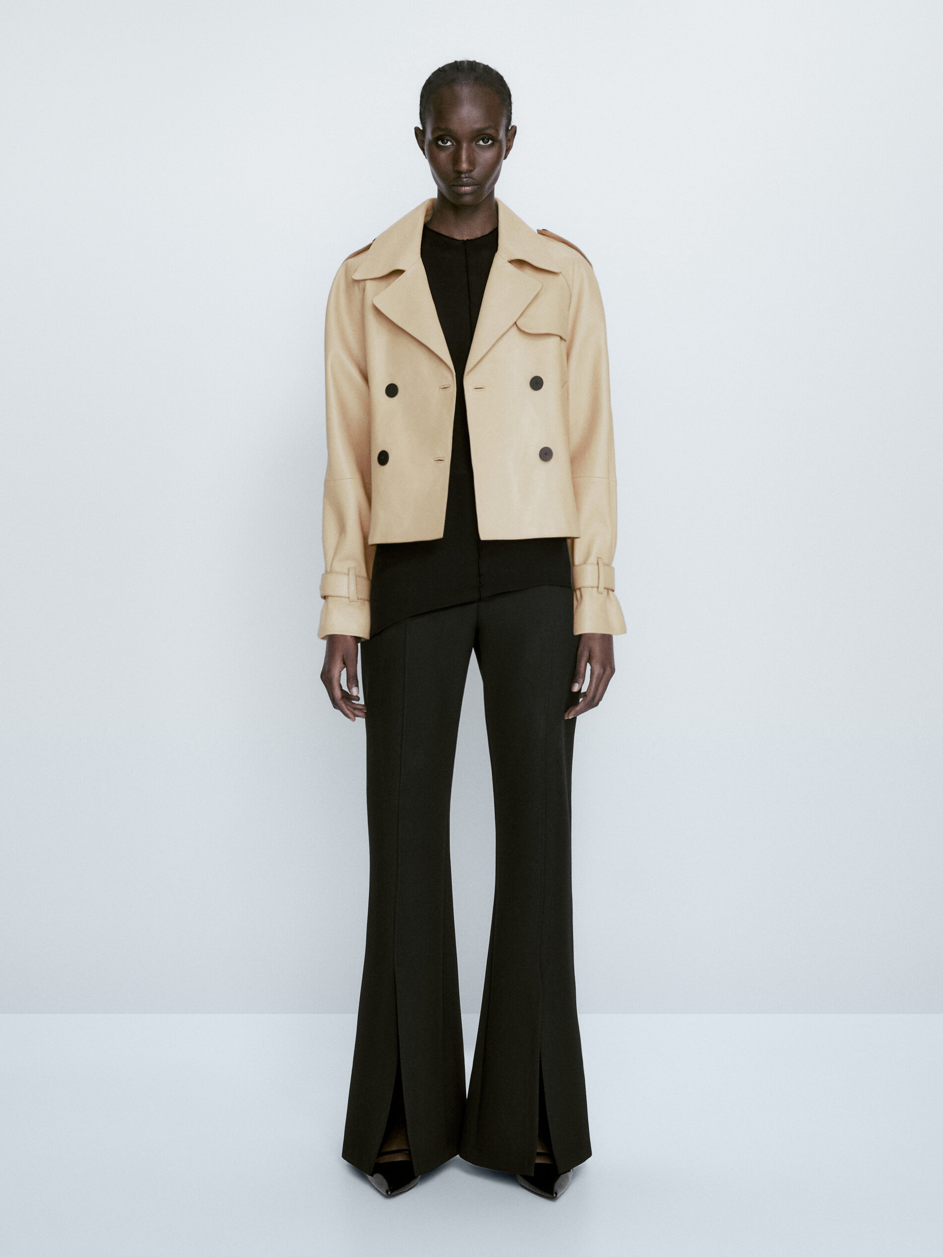 Cropped nappa leather trench coat
