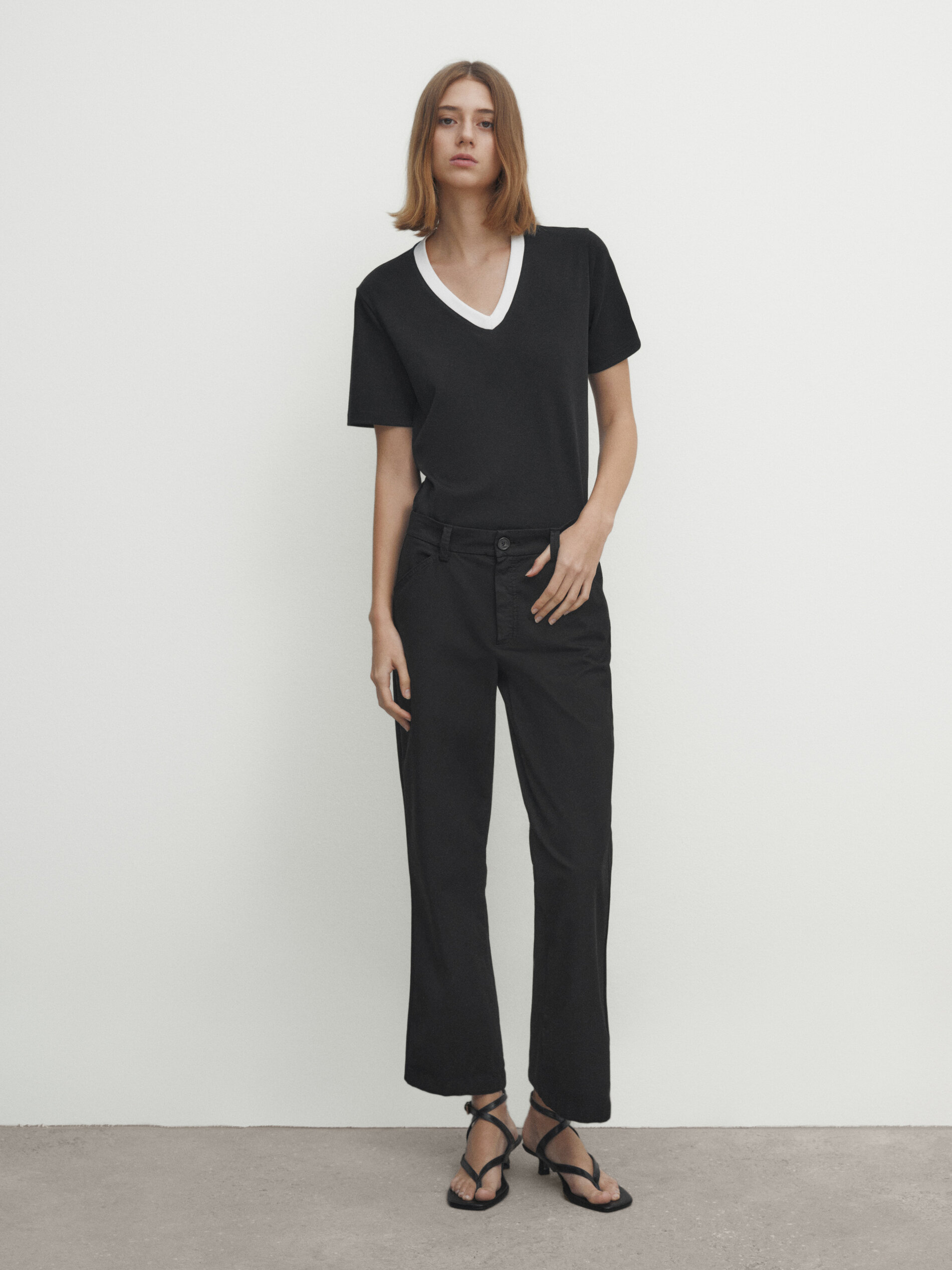 Cotton blend kick flare trousers · Black, Beige · Dressy | Massimo Dutti