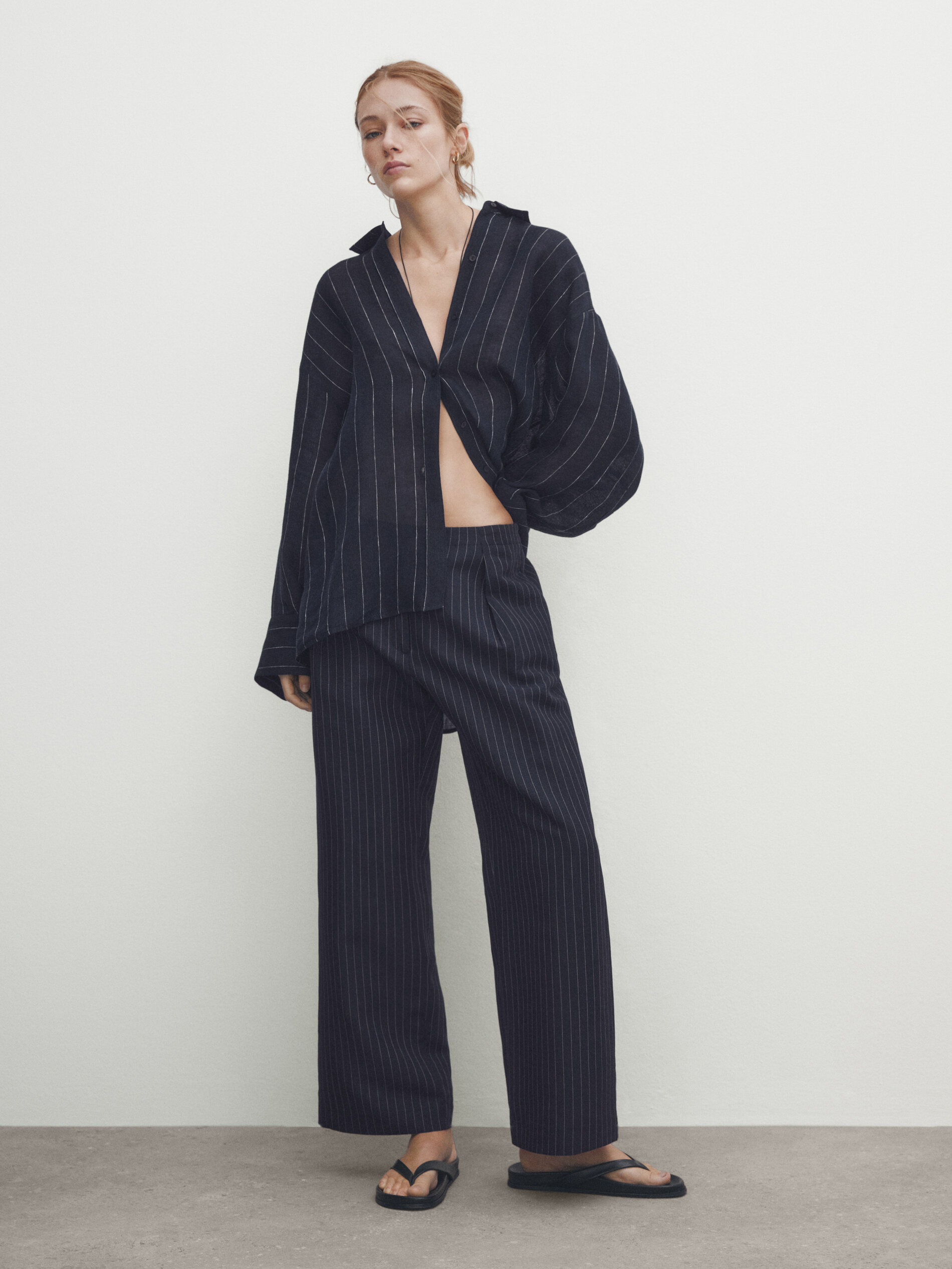 Navy outlet striped trousers