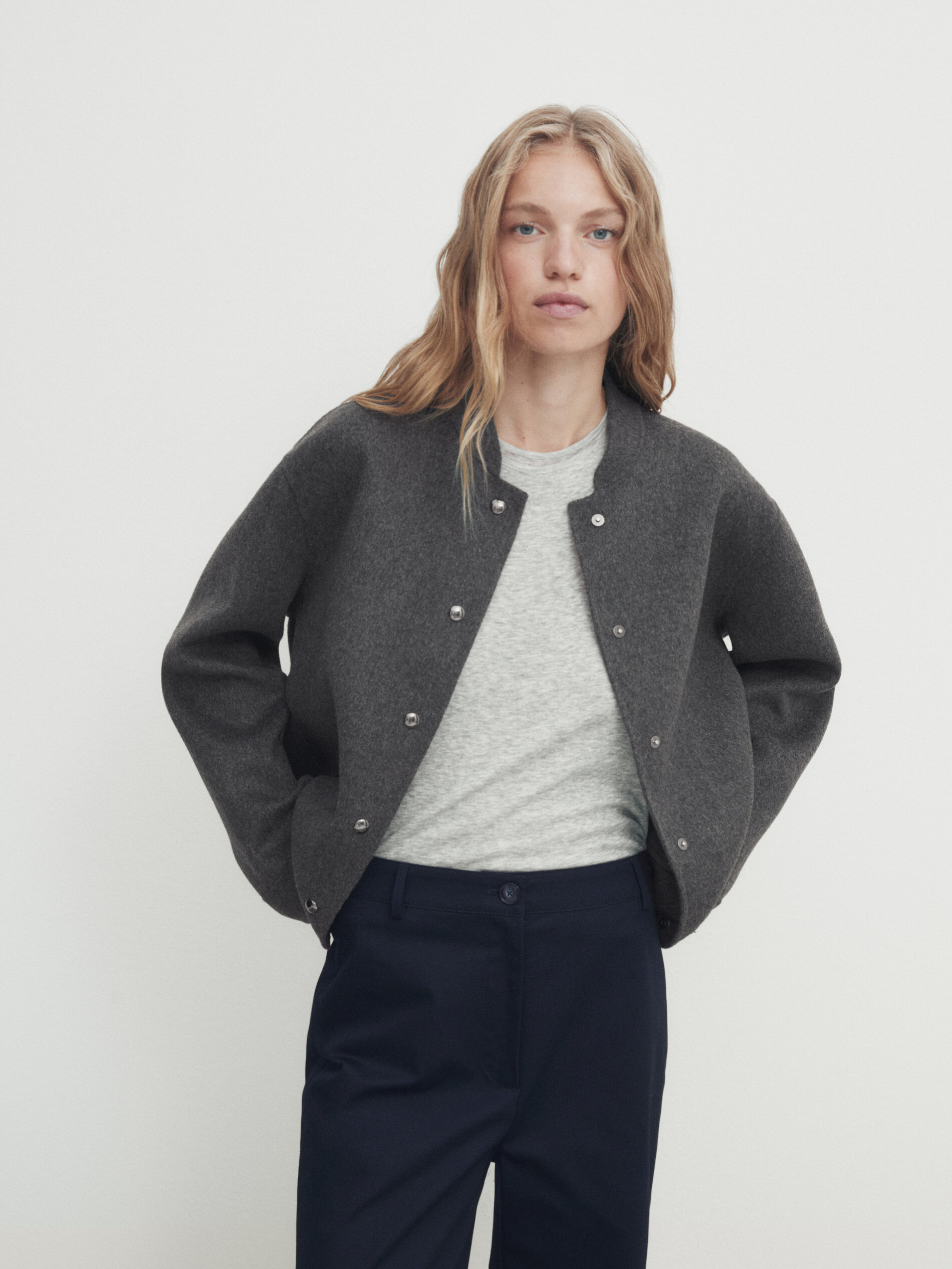 Cotton blend full length straight fit trousers