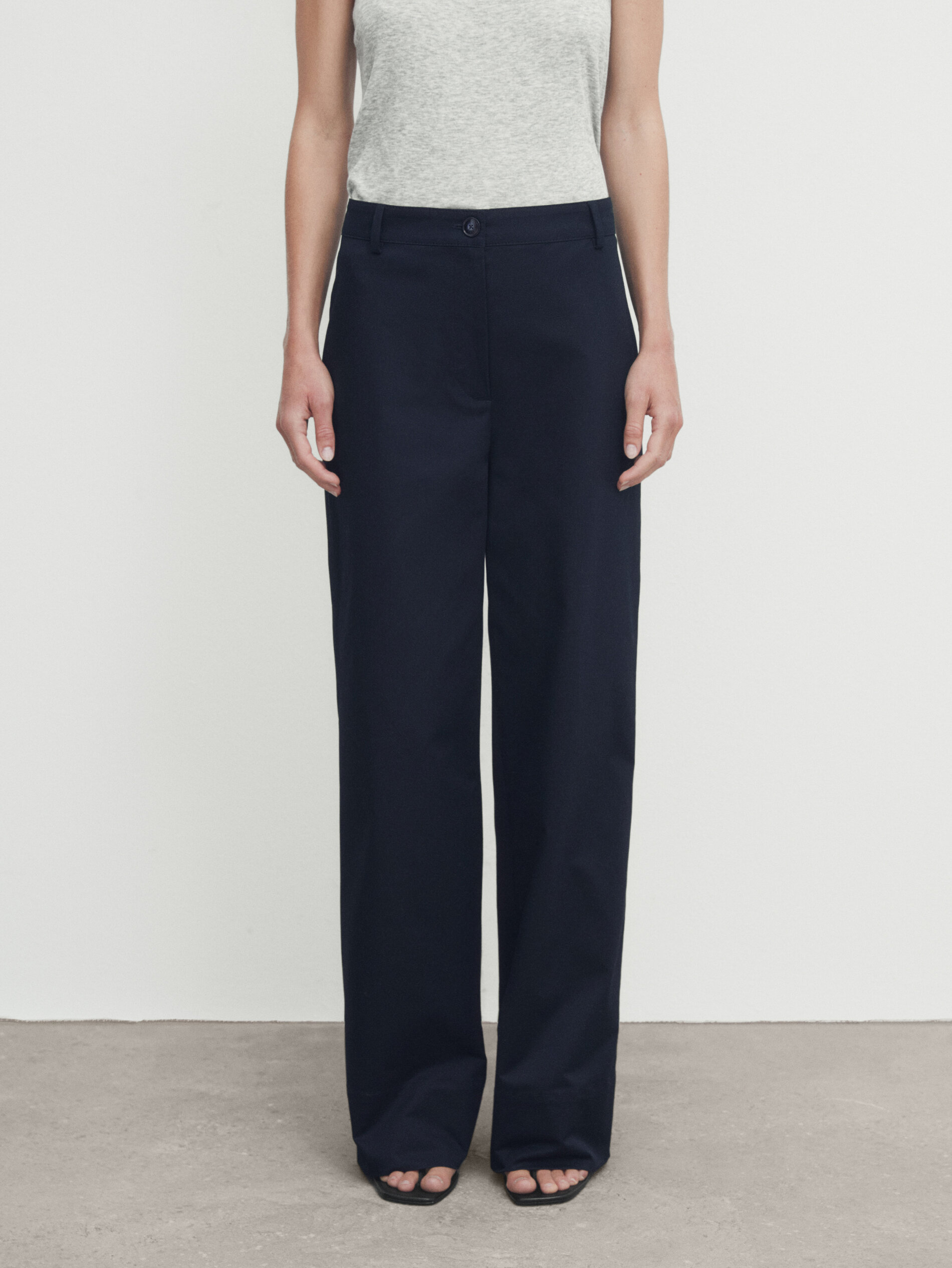 Cotton blend full length straight fit trousers