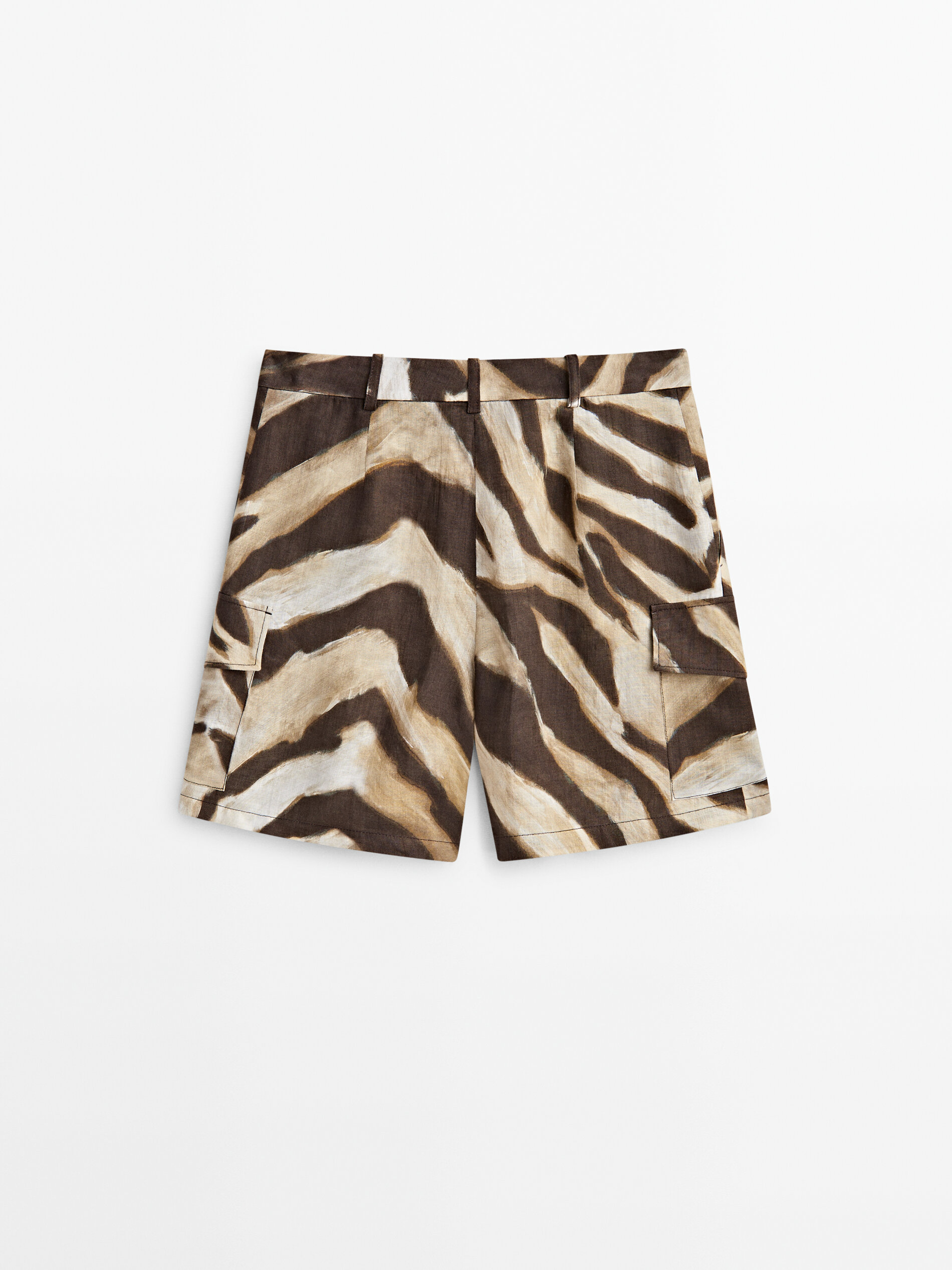 Linen cargo Bermuda shorts with animal print Brown Dressy