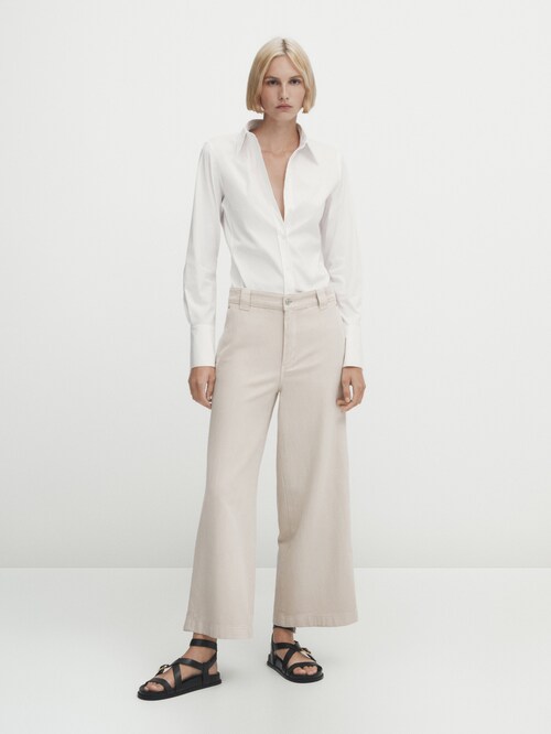 Cotton blend wide-leg cropped trousers · Stone · Dressy