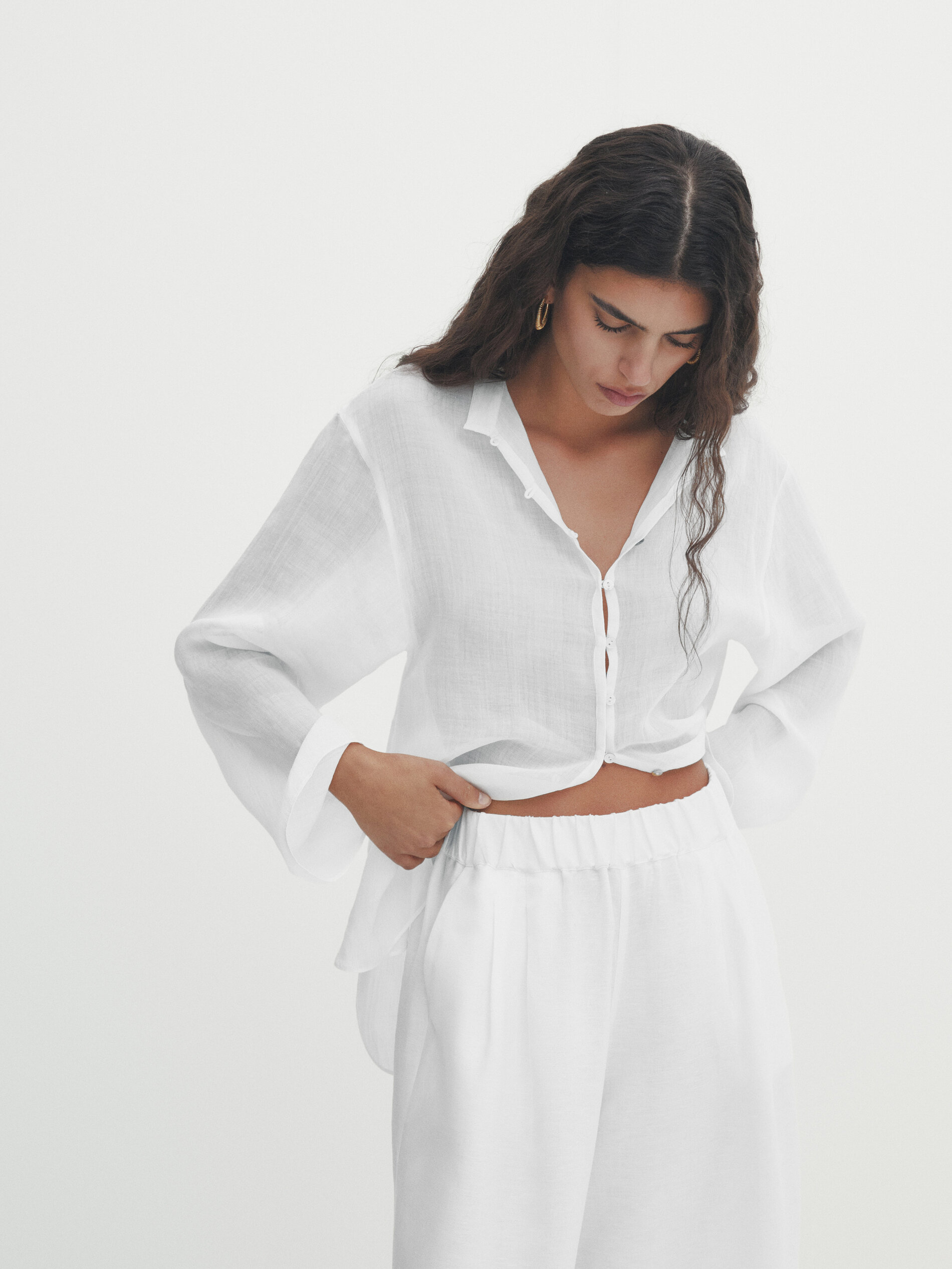 Pantal n culotte con lino pinzas Blanco Fucsia Vestir