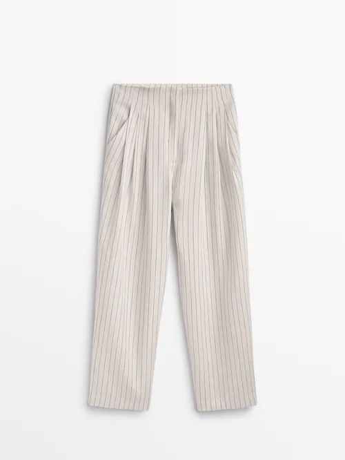 Striped linen trousers with darts · Cream · Dressy