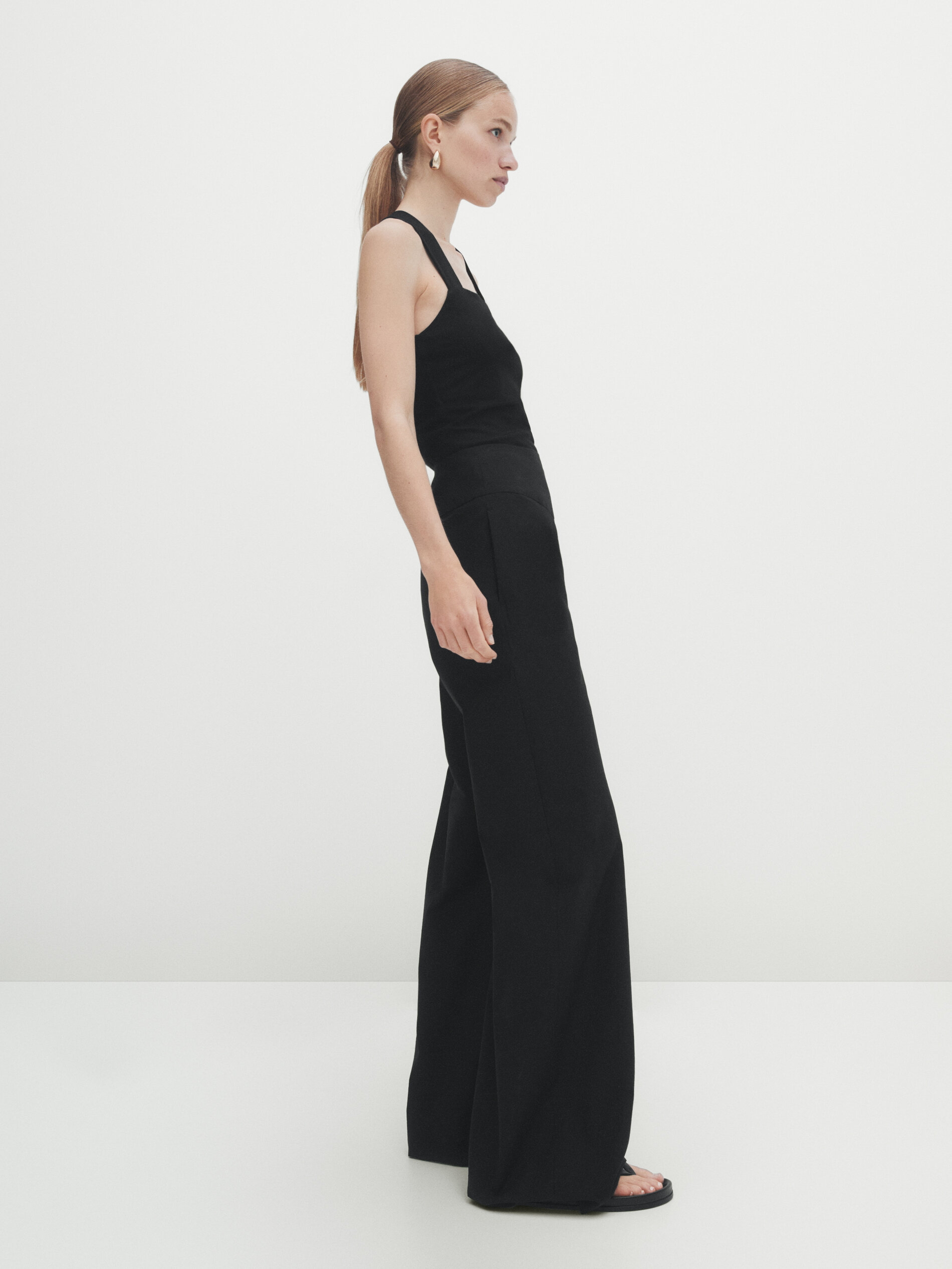 Cotton blend wide leg technical trousers