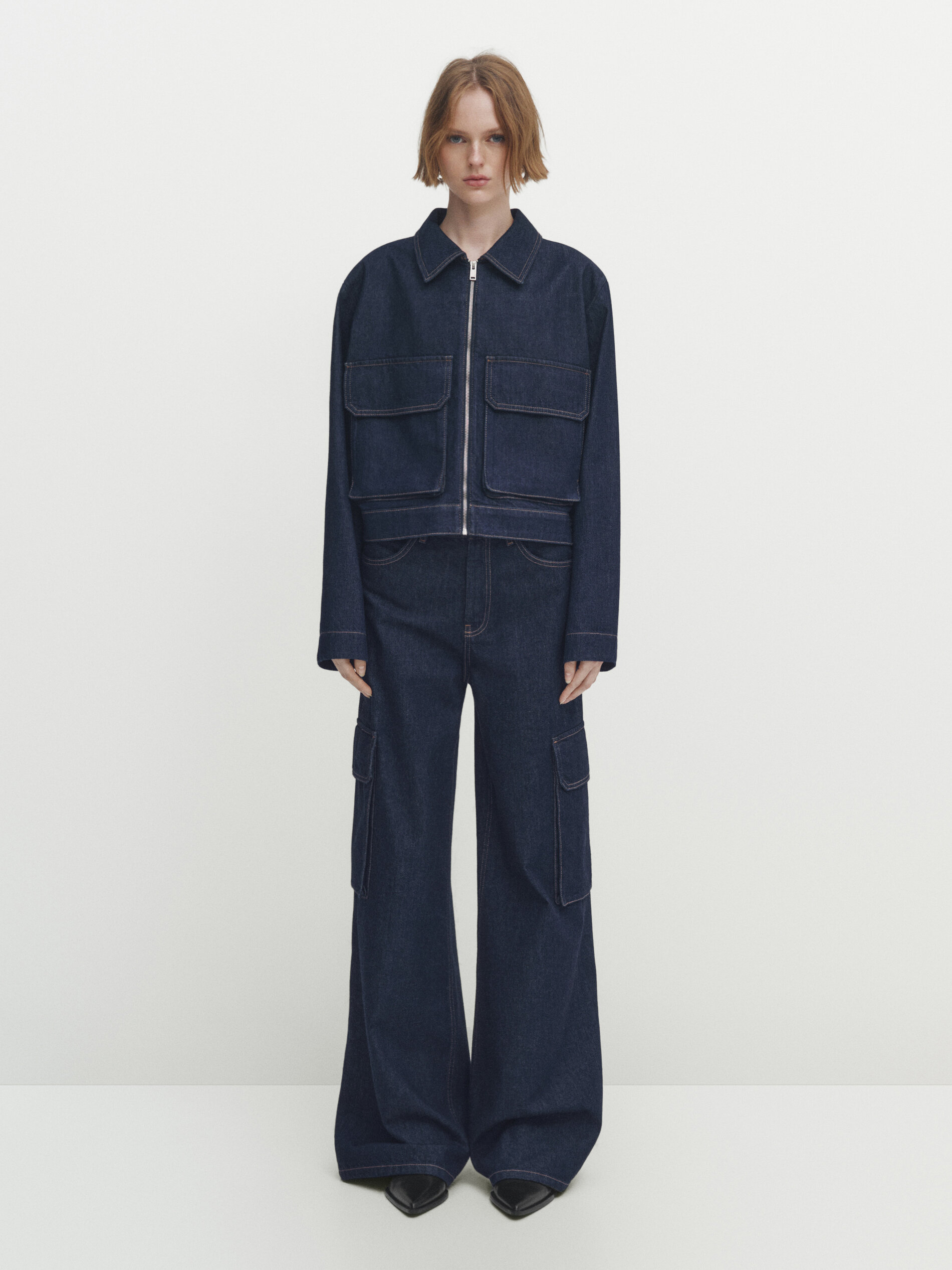High waist palazzo cargo jeans Dark Blue Dressy Massimo Dutti
