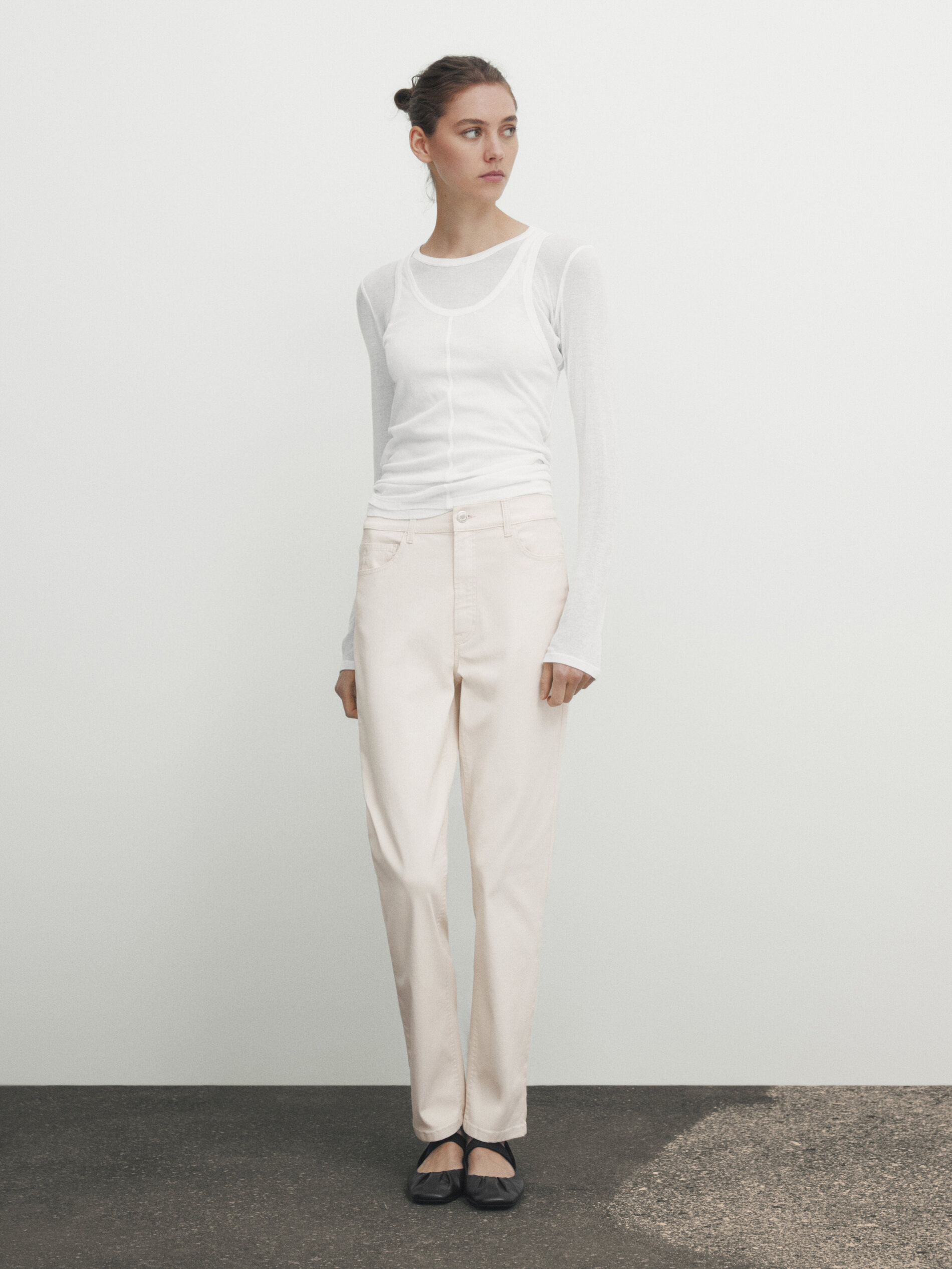 High waist straight leg coated trousers Cream Washed Indigo