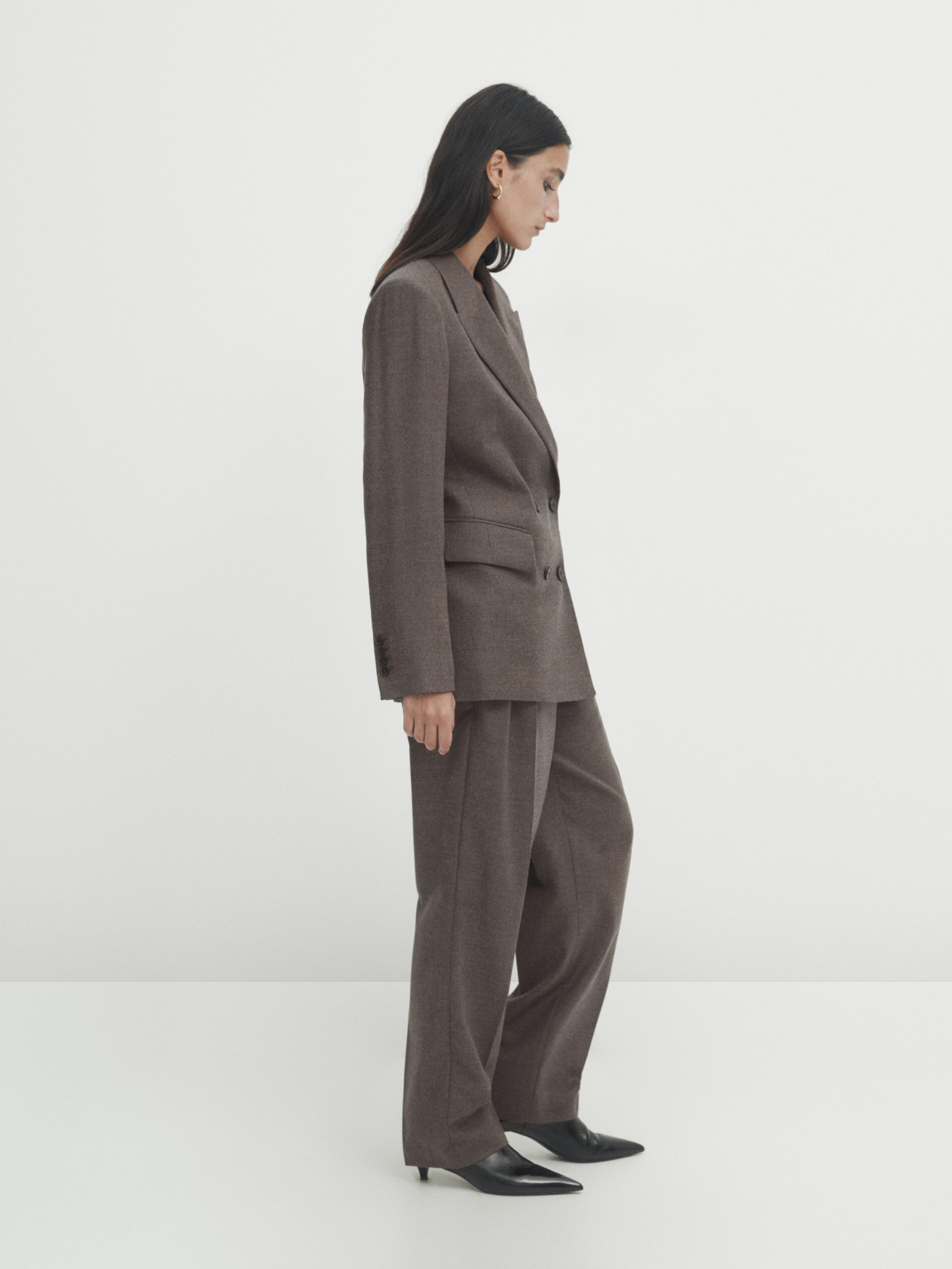 Carrot fit melange wool blend darted suit trousers