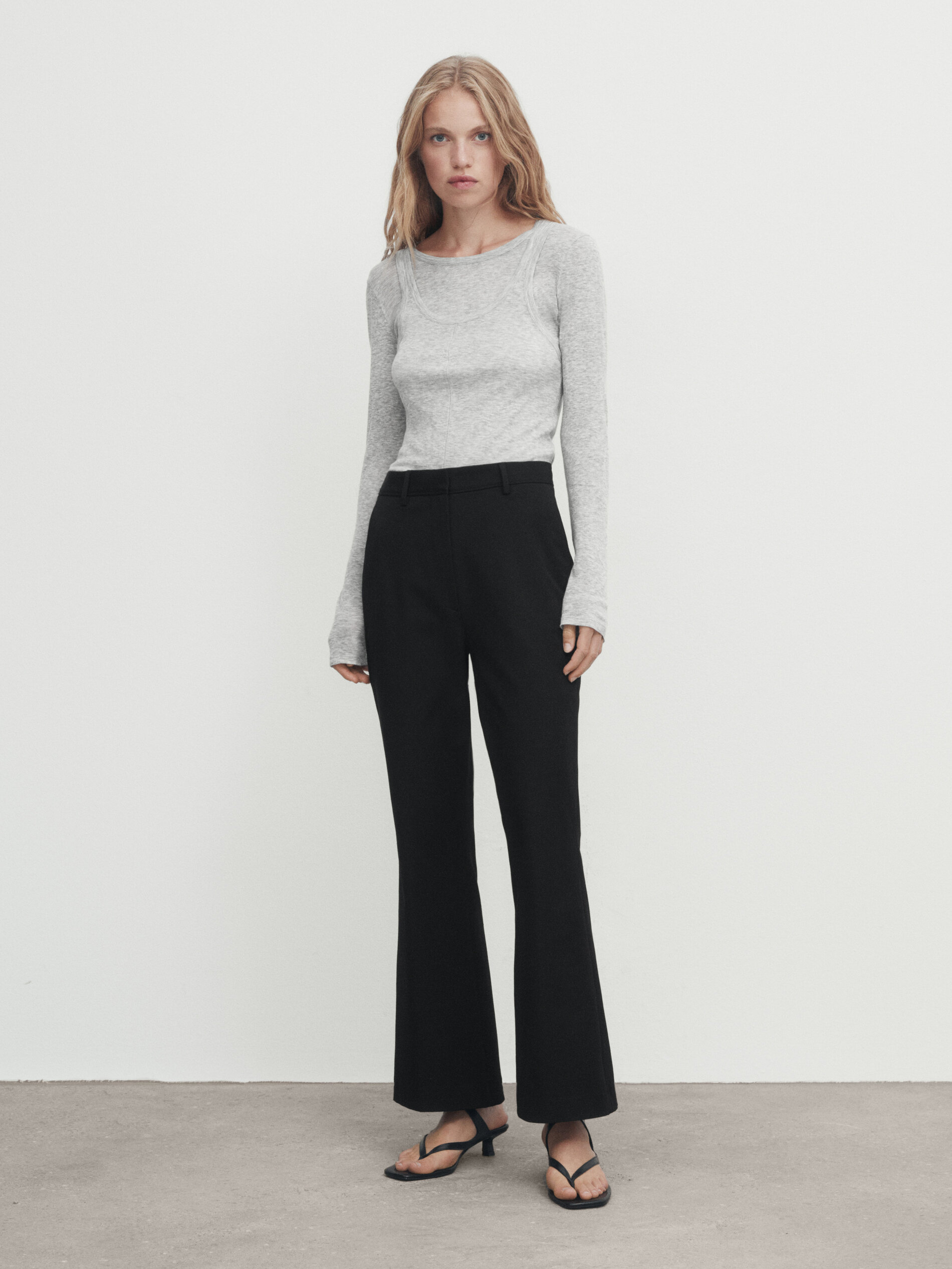 Stradivarius Ribbed Jersey Flare Trousers With Slit in Black | Lyst