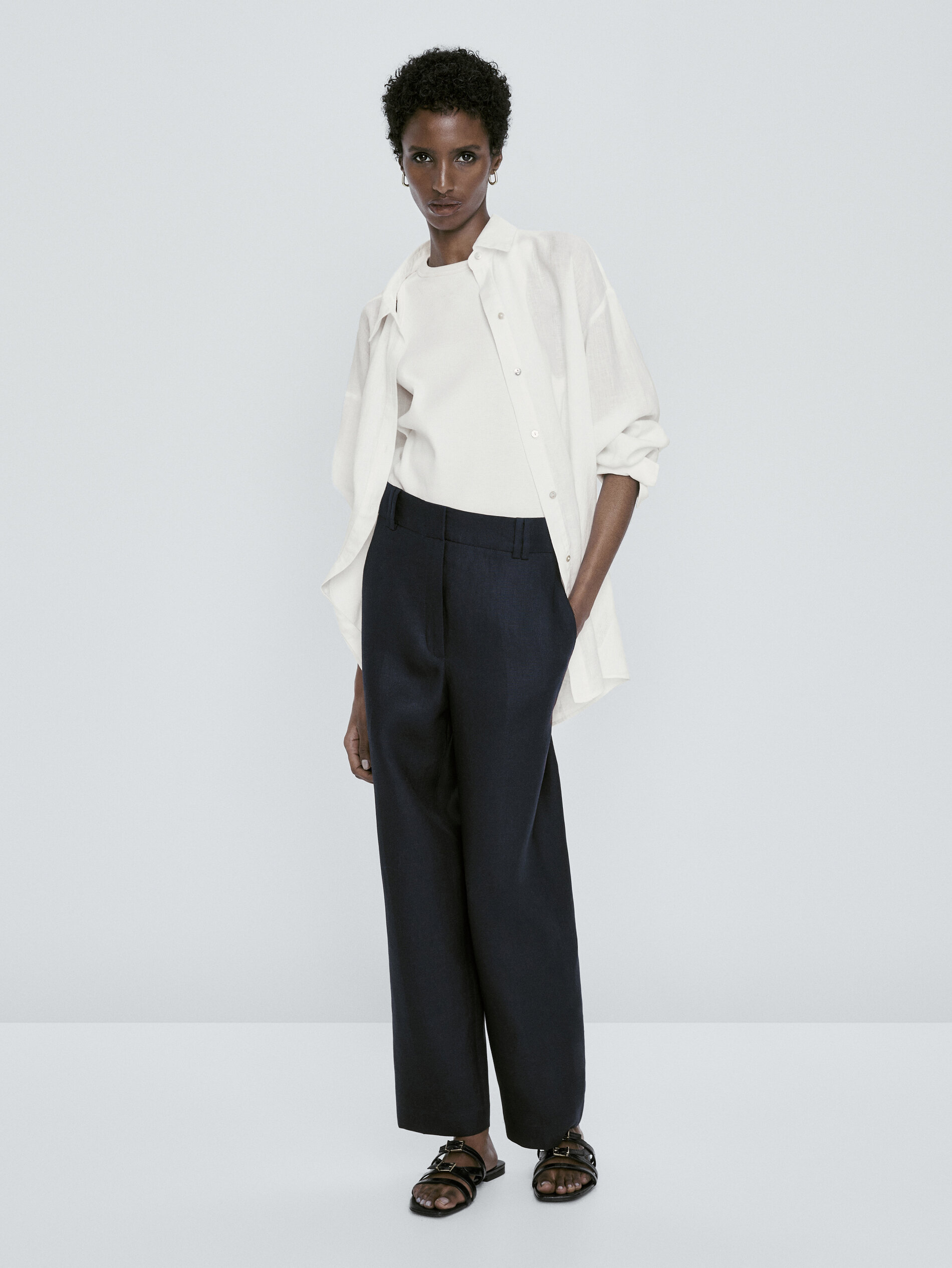 100 linen trousers with double tabs Navy Blue Dressy