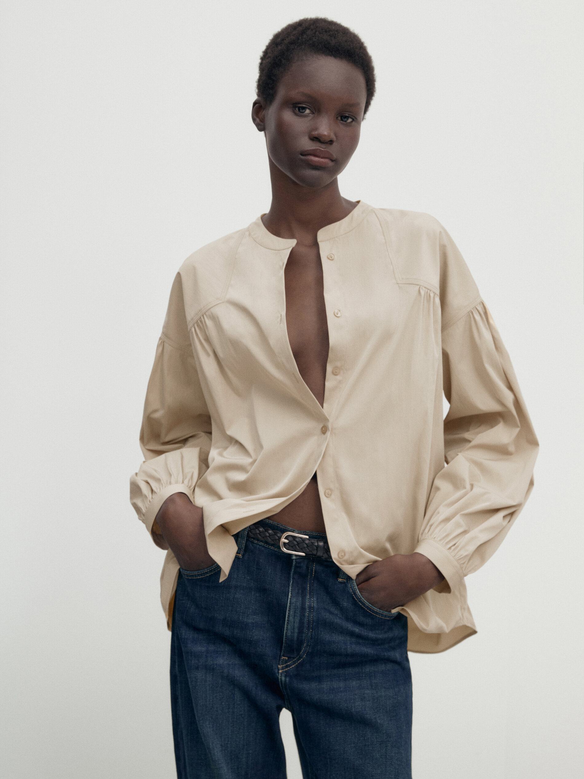 Camisa frunces cuello mao