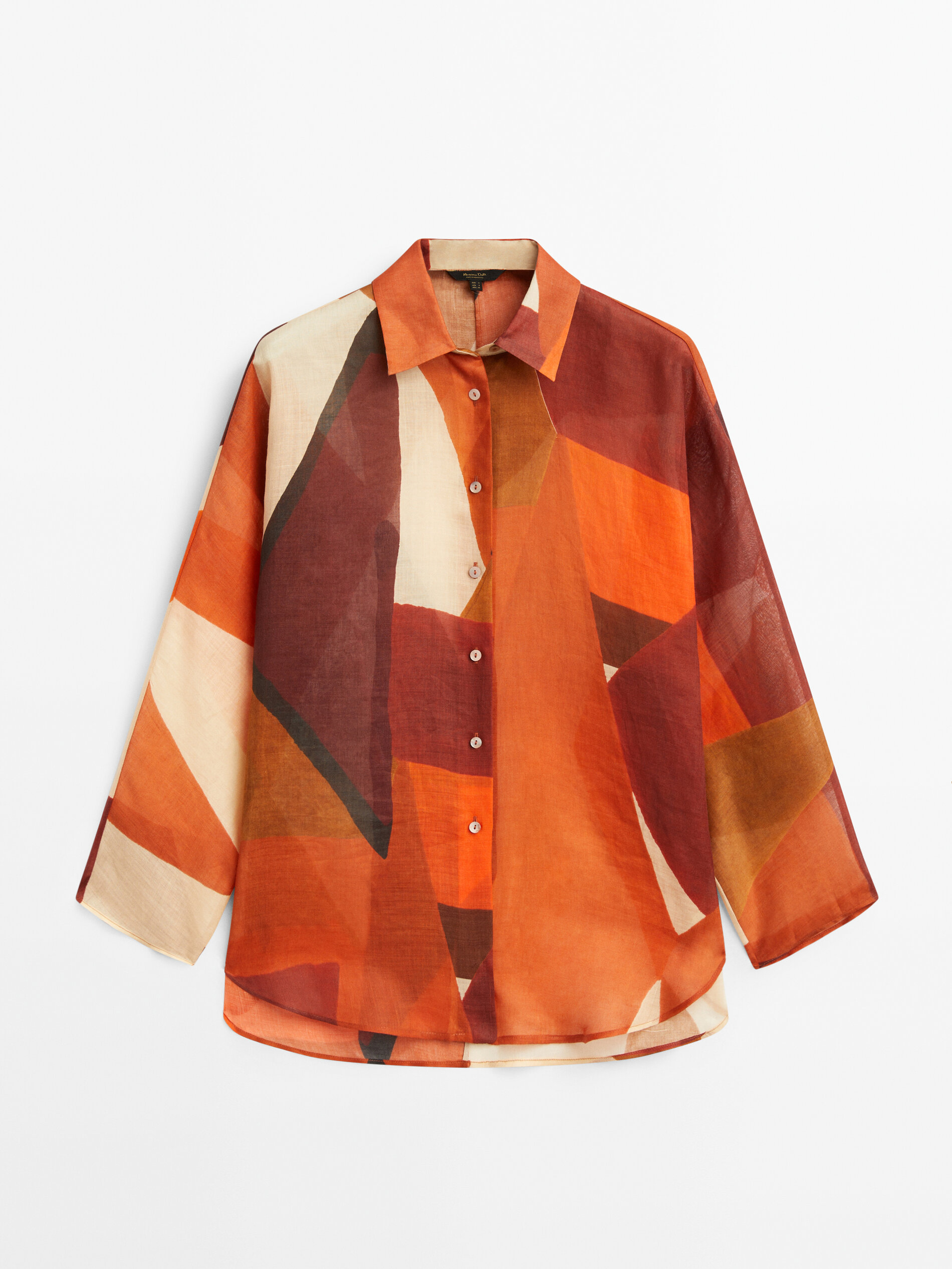 Ramie shirt with geometric print Orange Shirts Massimo Dutti