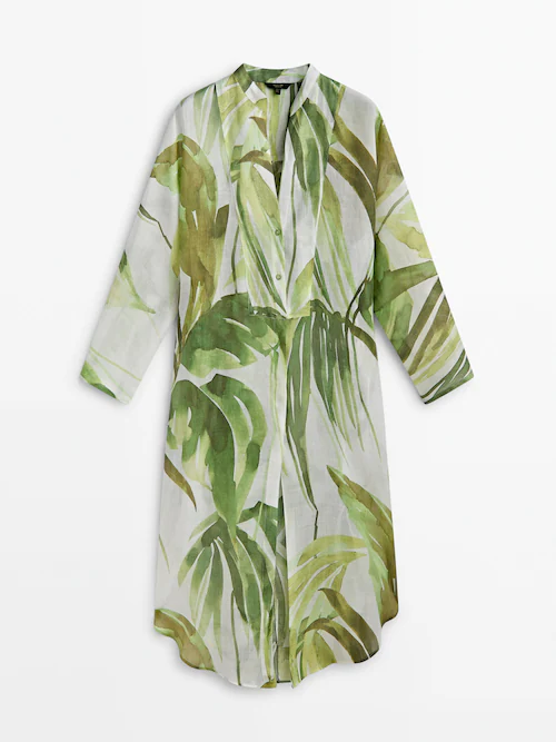 and Fryse Tilbageholde Oversize bluse i 100 % ramie med palmetræsprint - Massimo Dutti
