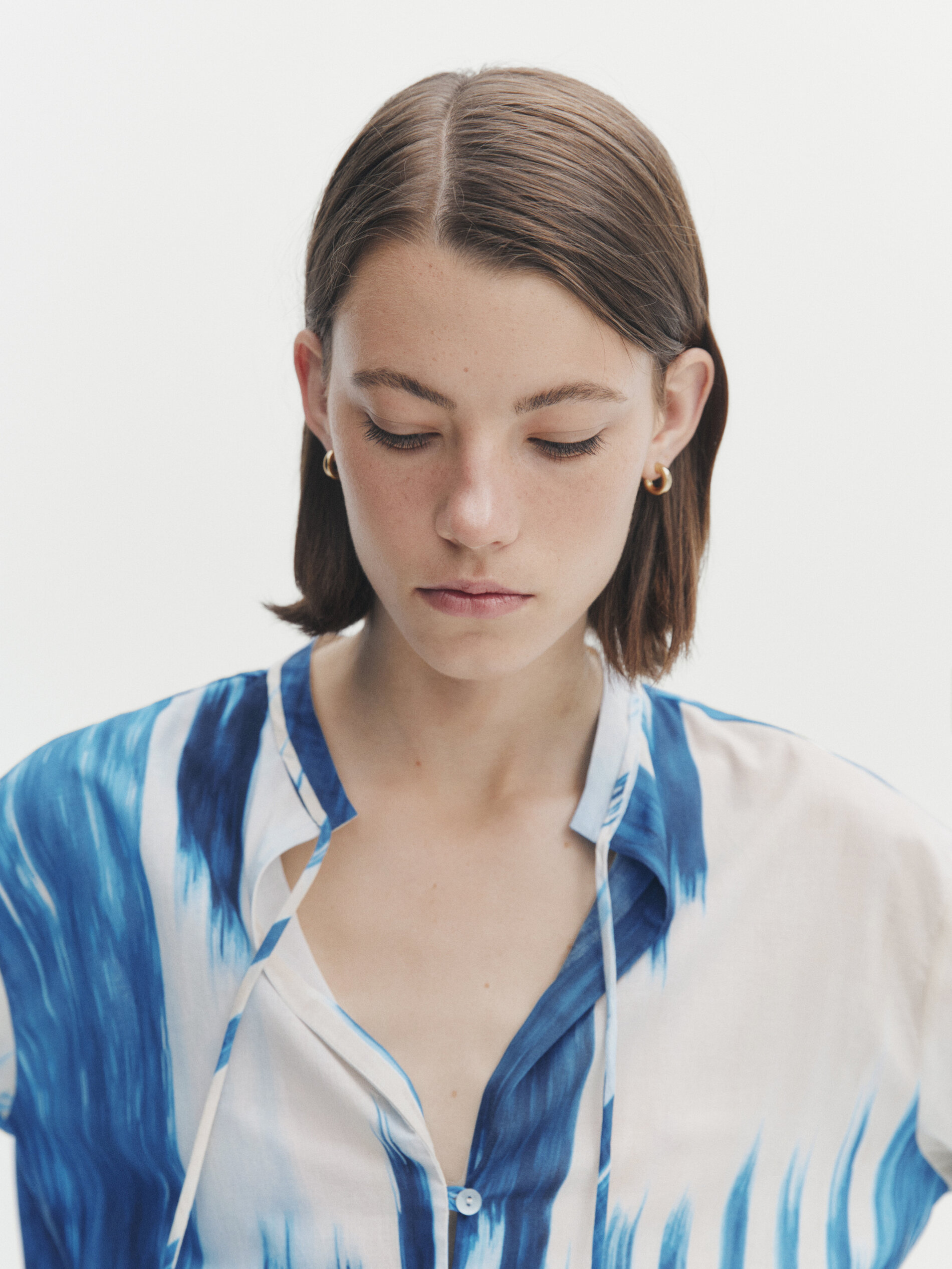 Camicia in rami con stampa ikat e lacci Azzurro Intenso