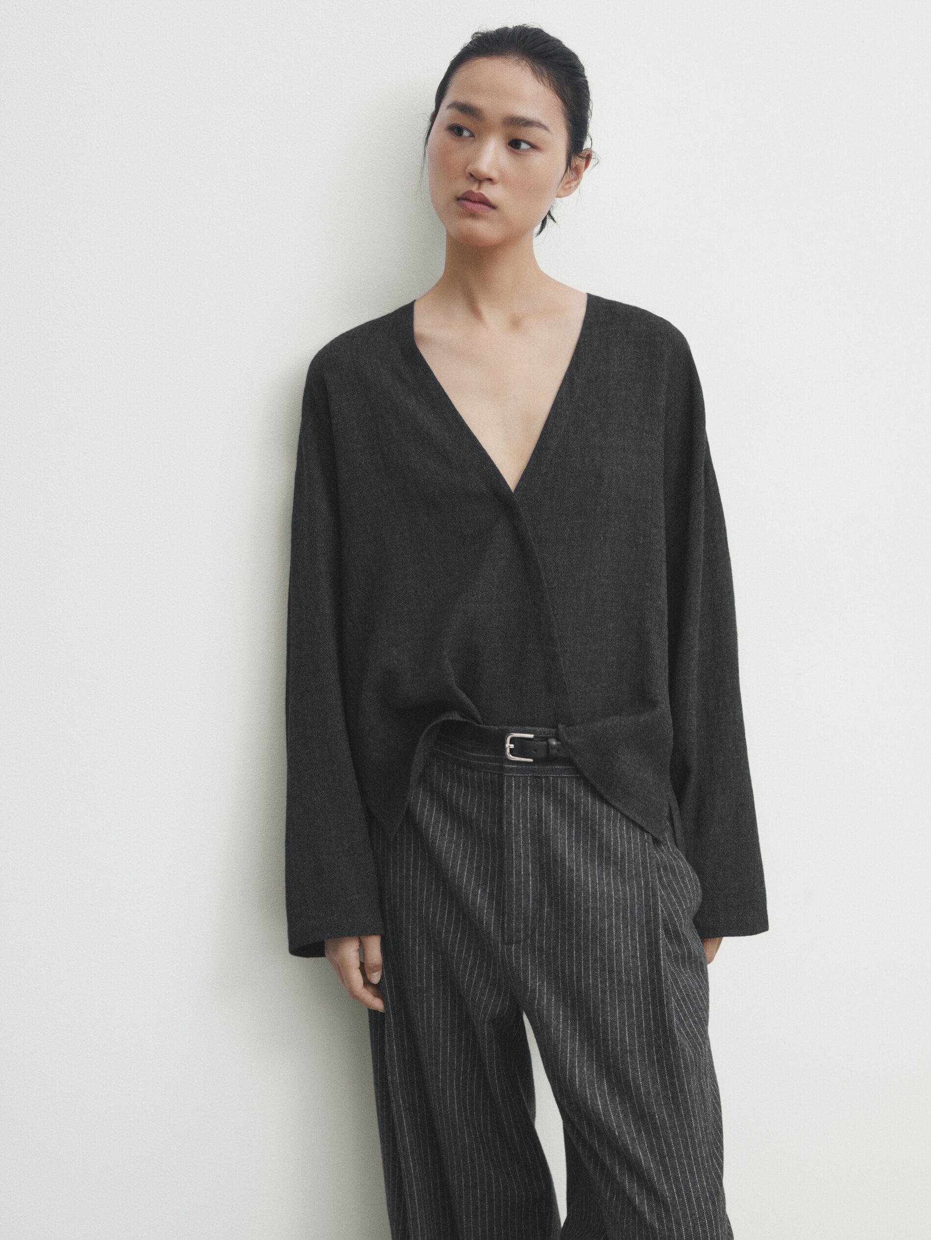 Kimono blouse van wolmix Donkergrijs Overhemden Massimo Dutti