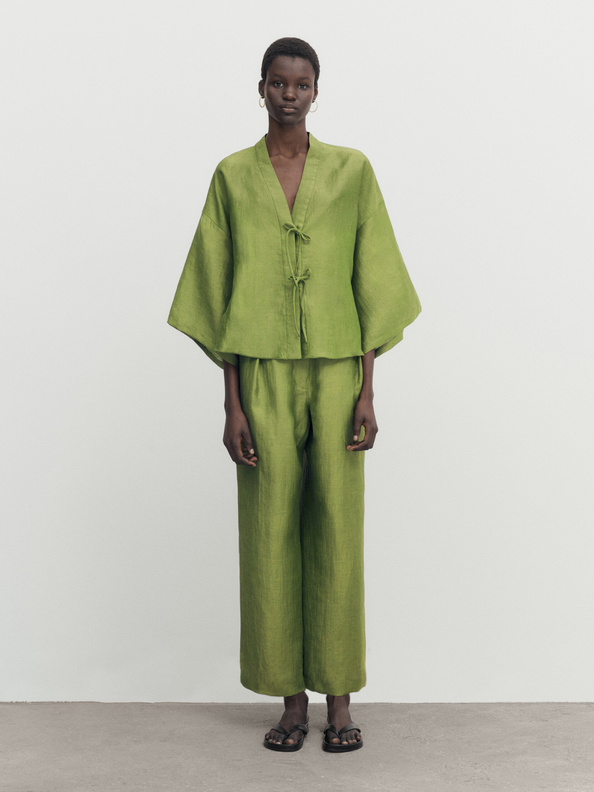 Linen blend kimono blouse with bows Green Shirts Massimo Dutti