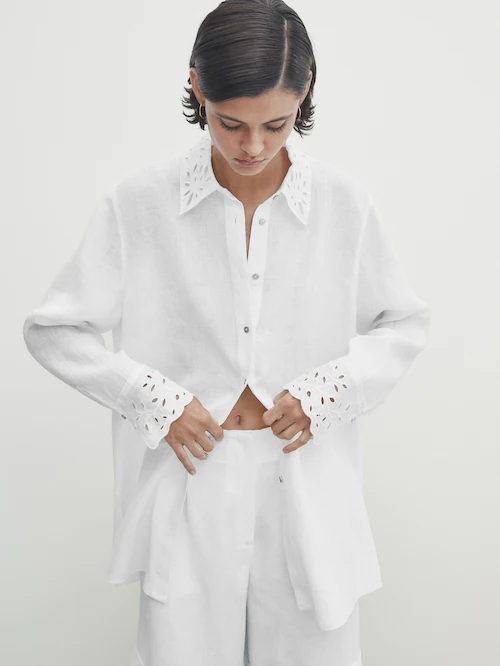 Camisa lino bordados perforados - Massimo Dutti