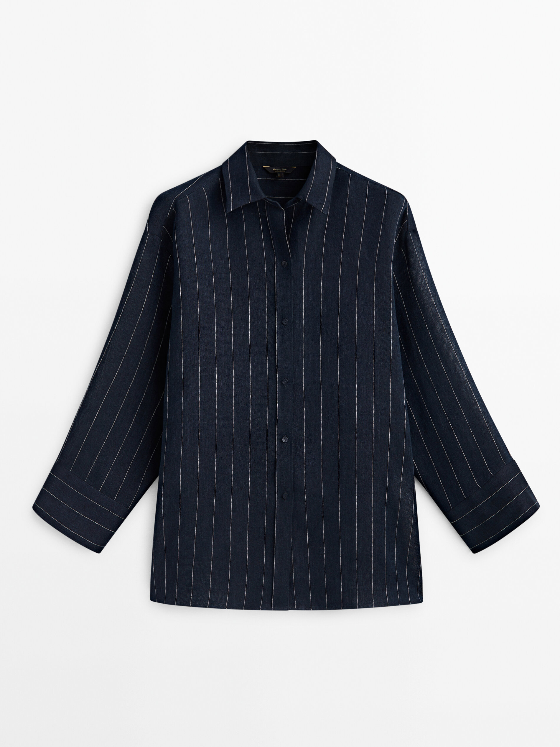 Camisa 100 lino azul marino rayas
