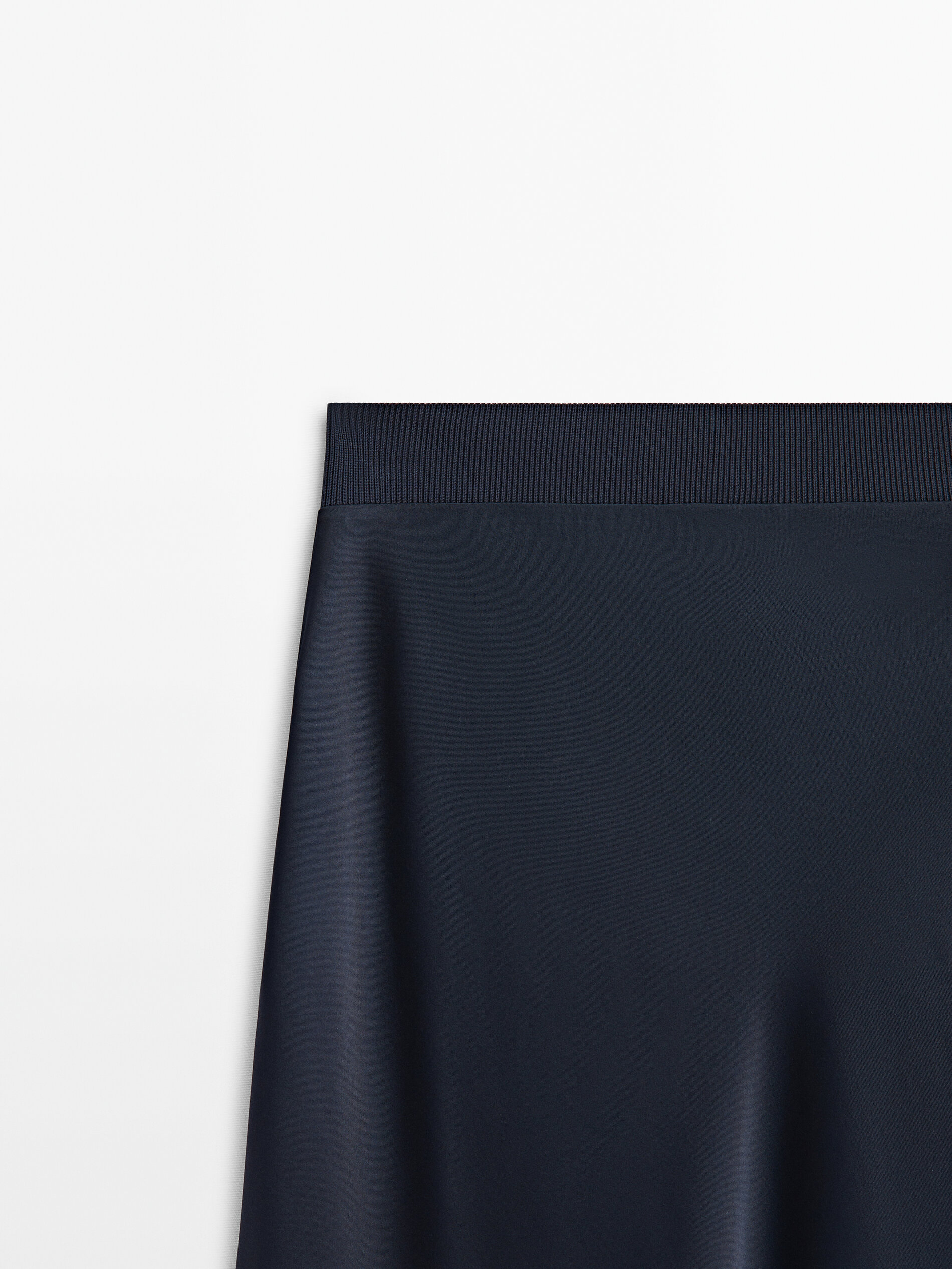 Satin lace trimmed midi skirt with ribbed waistband