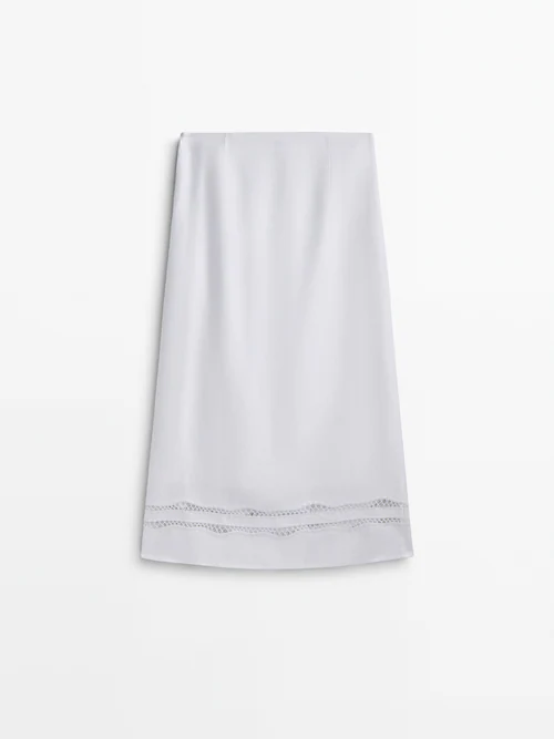 Falda midi cruzada lino detalle bordados · Blanco · Vestir / Faldas