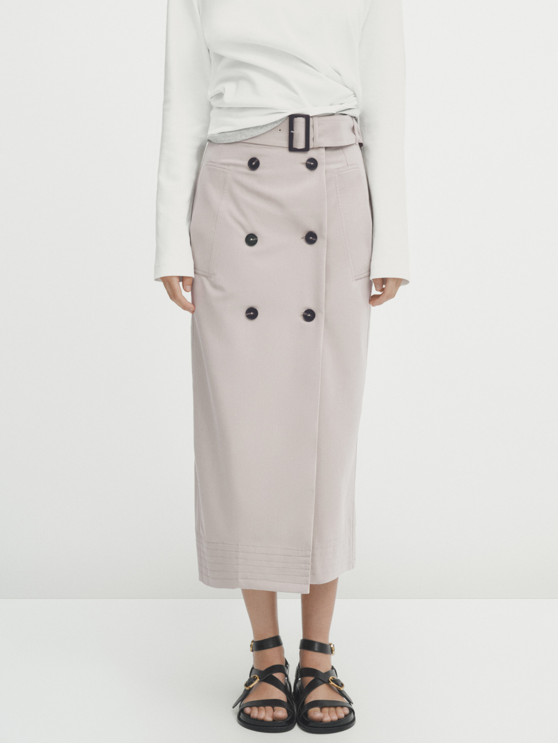 Belted double-buttoned midi skirt