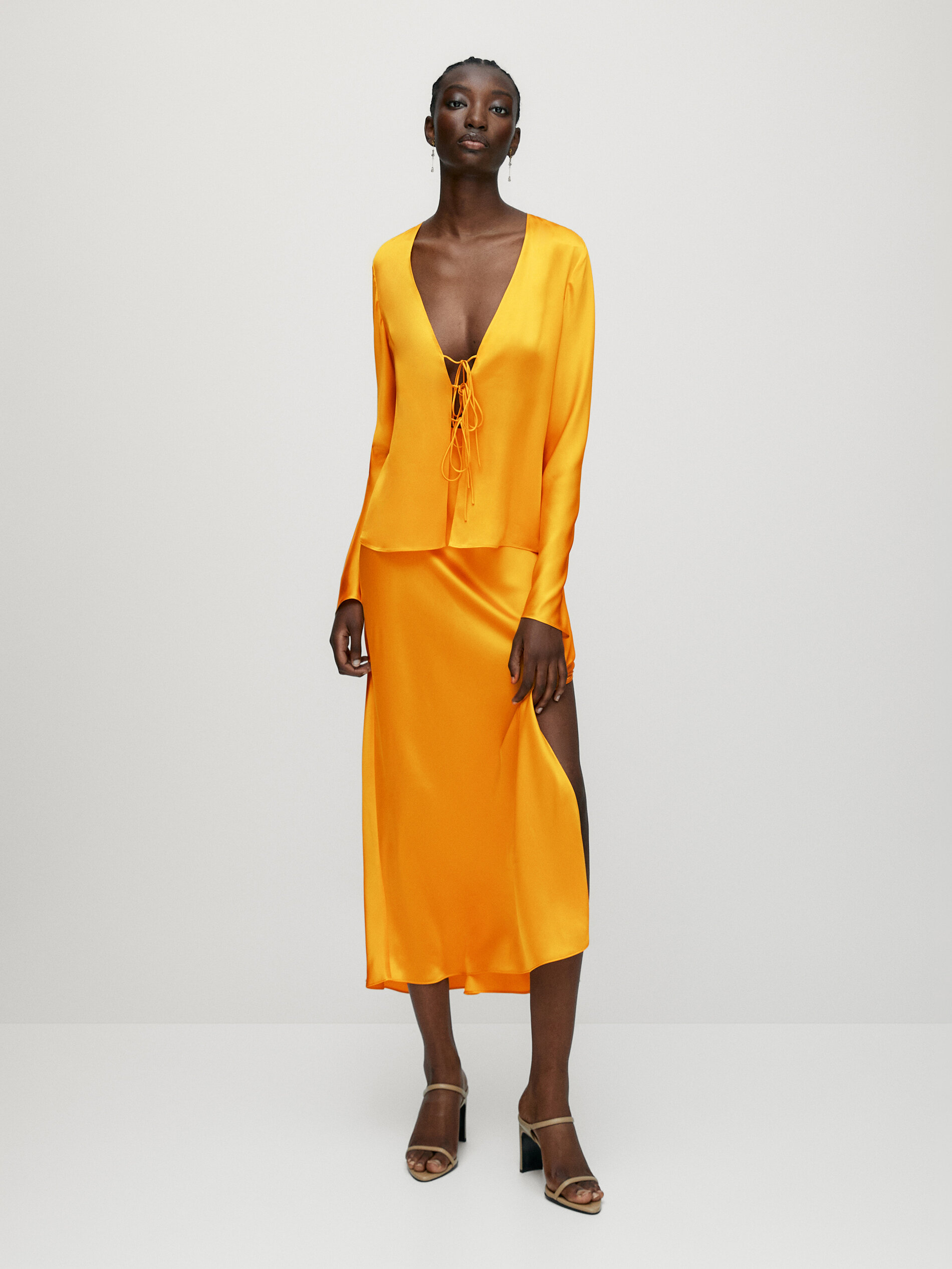 100 silk midi skirt Orange Smart Skirts Massimo Dutti