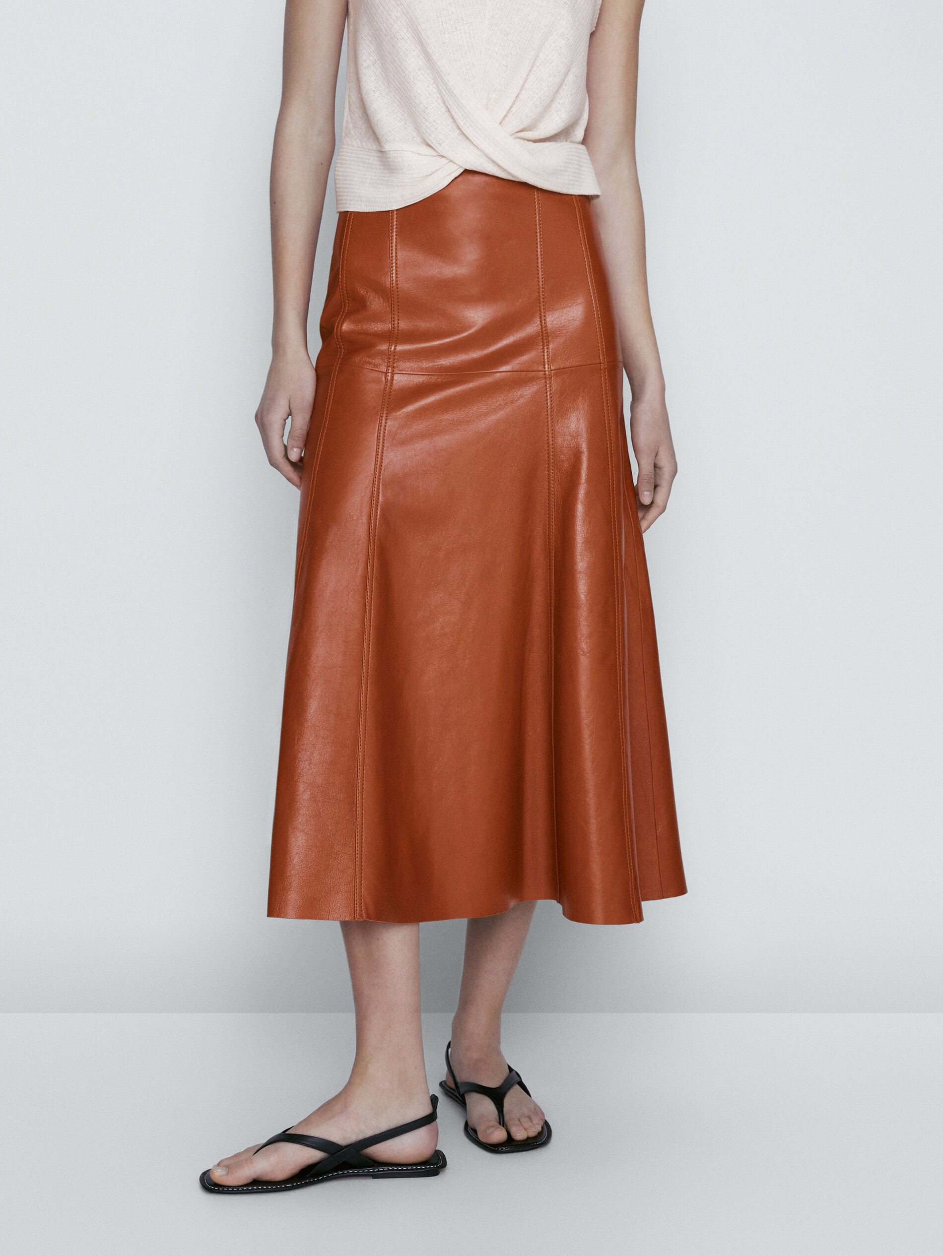 Massimo dutti brown leather skirt on sale