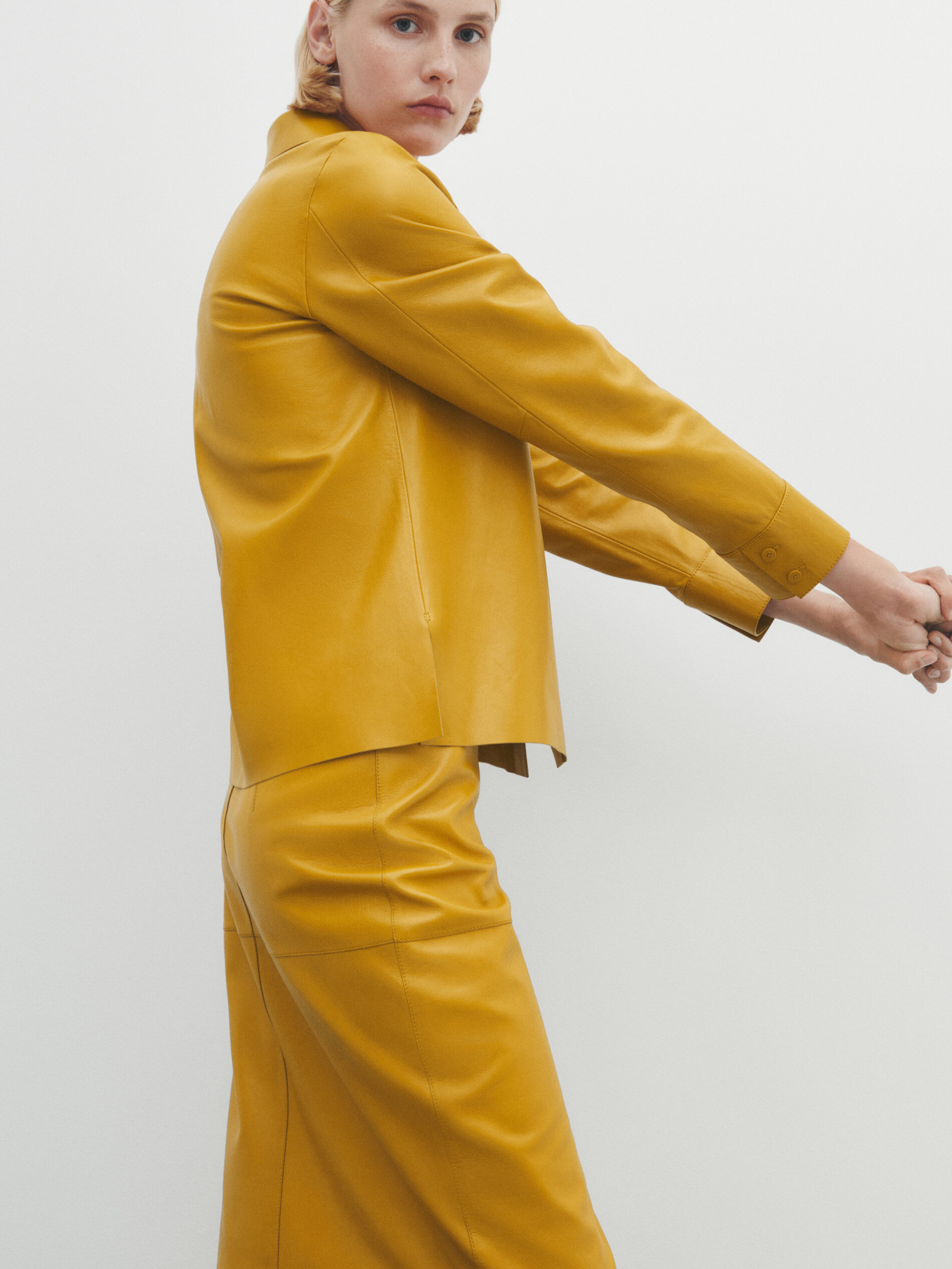 Mustard leather discount midi skirt