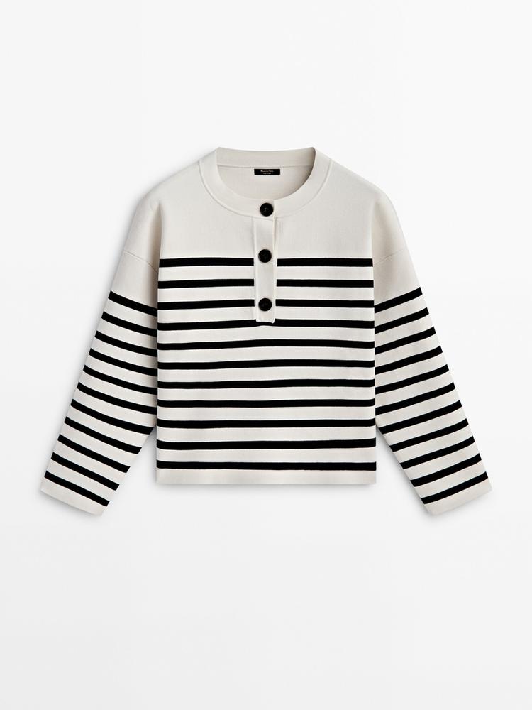 Henley neck striped knit sweater CREAM