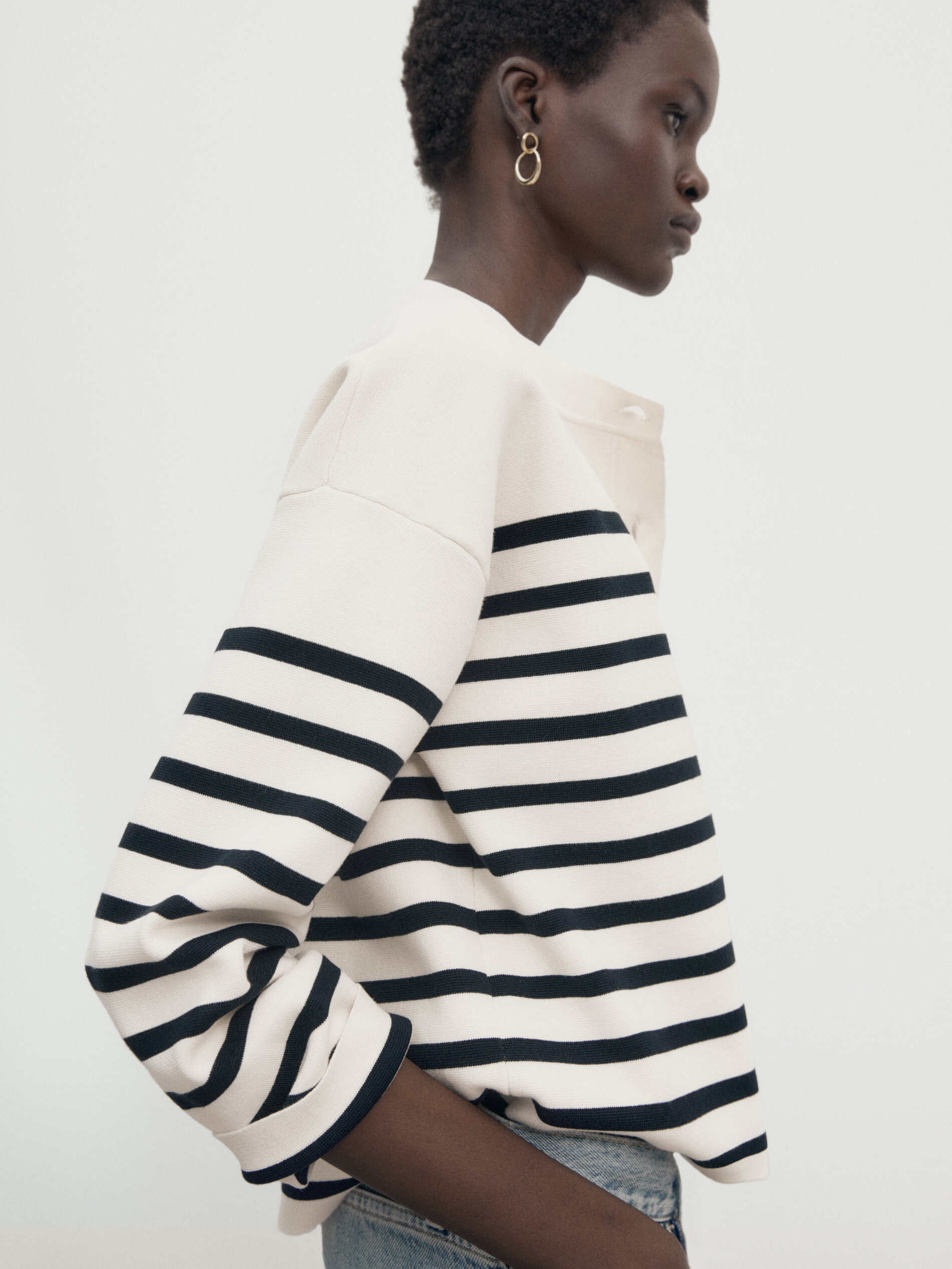 Henley neck striped knit sweater CREAM