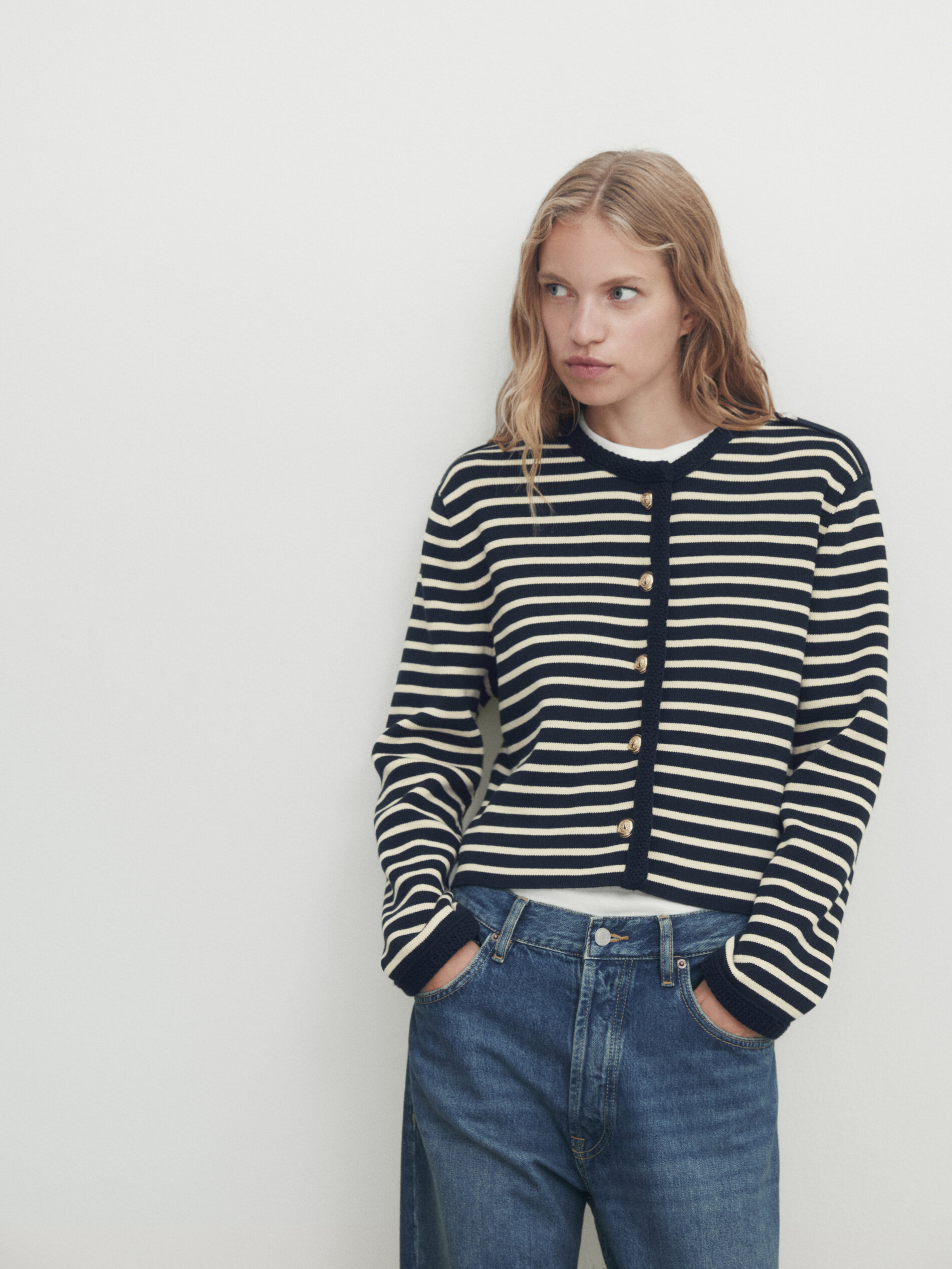 Navy blue striped cardigan hot sale