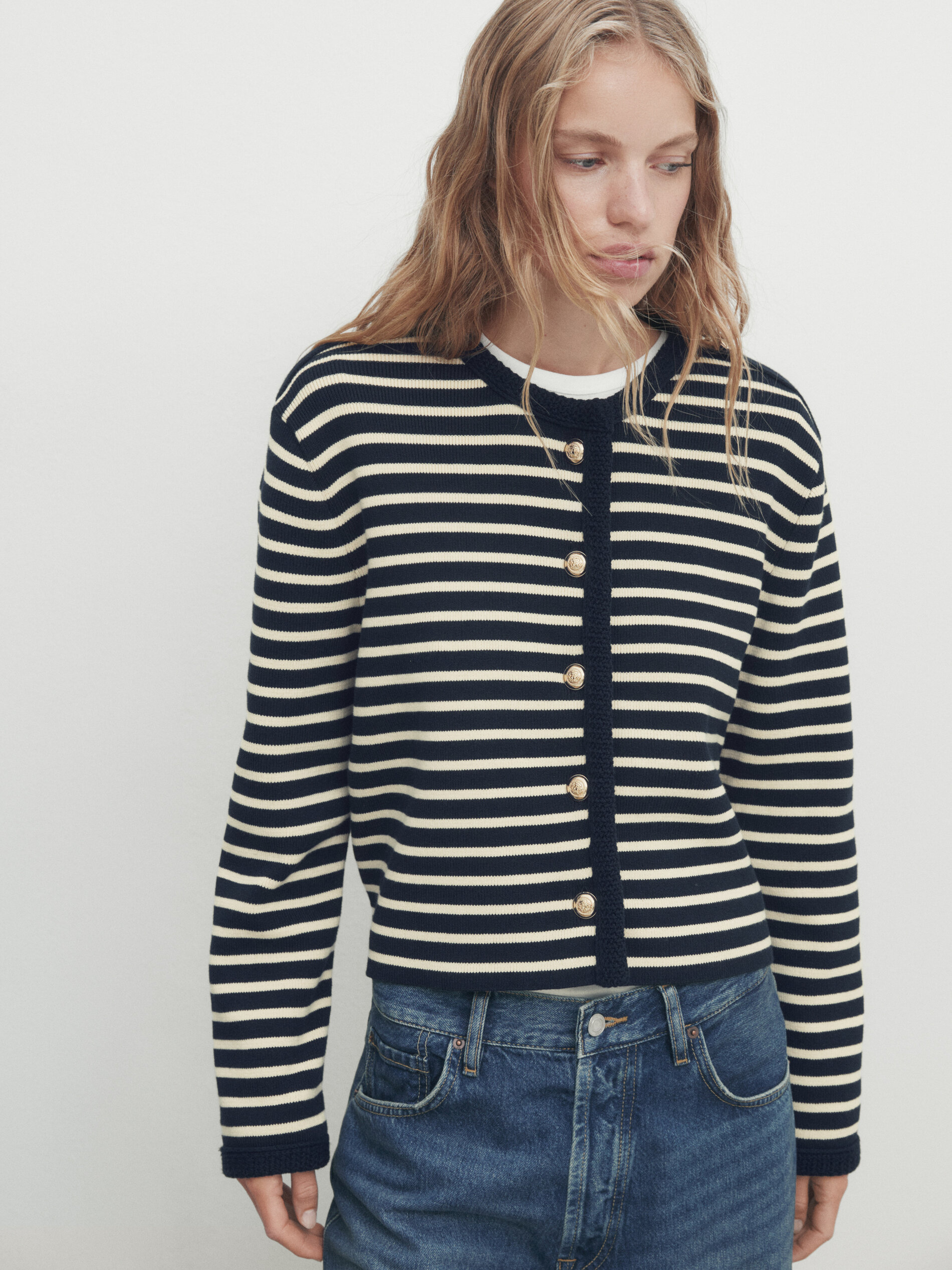 Navy blue and white striped cardigan best sale