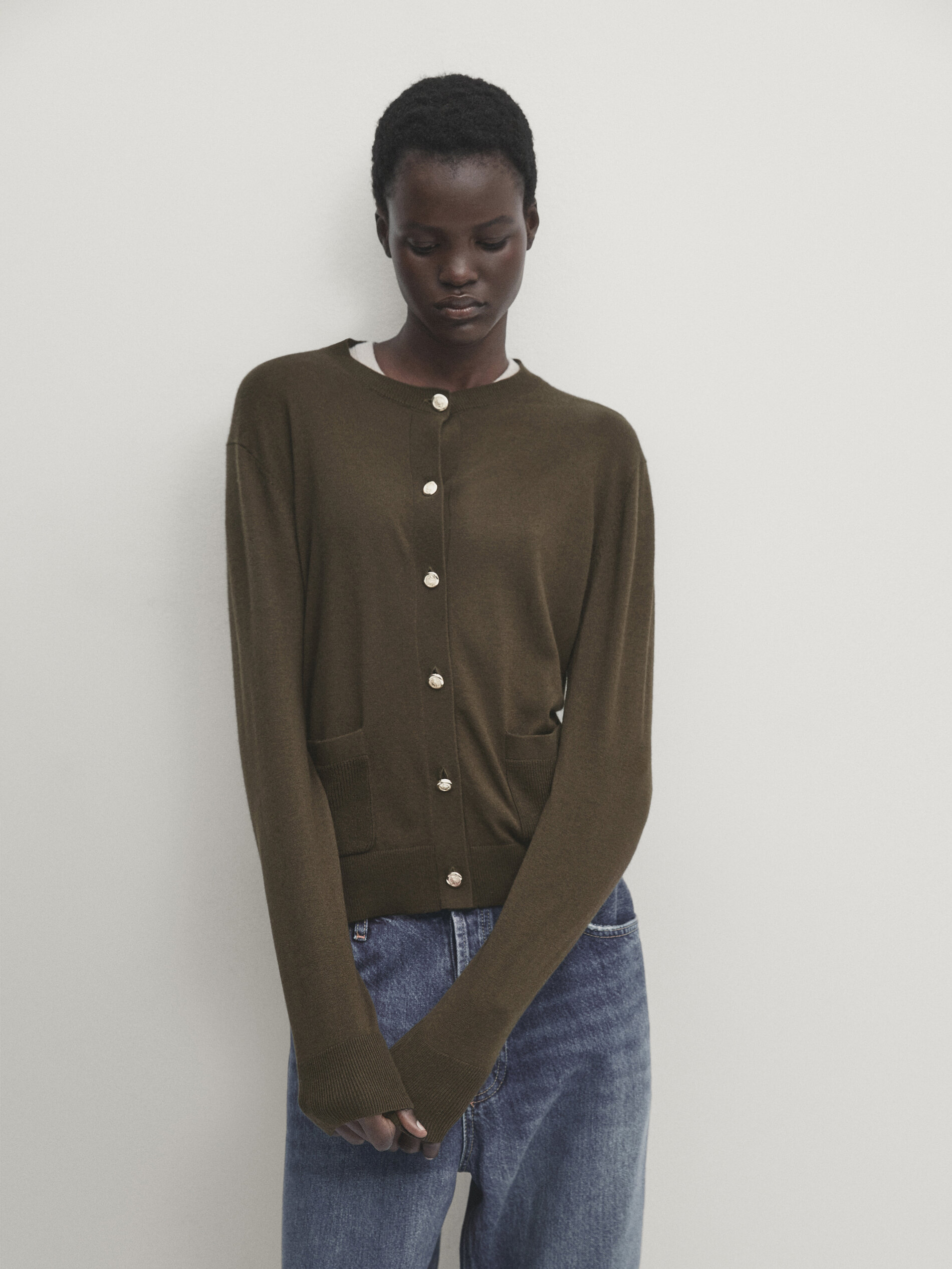 Knit cardigan with gold buttons Khaki Grey Marl Navy Blue