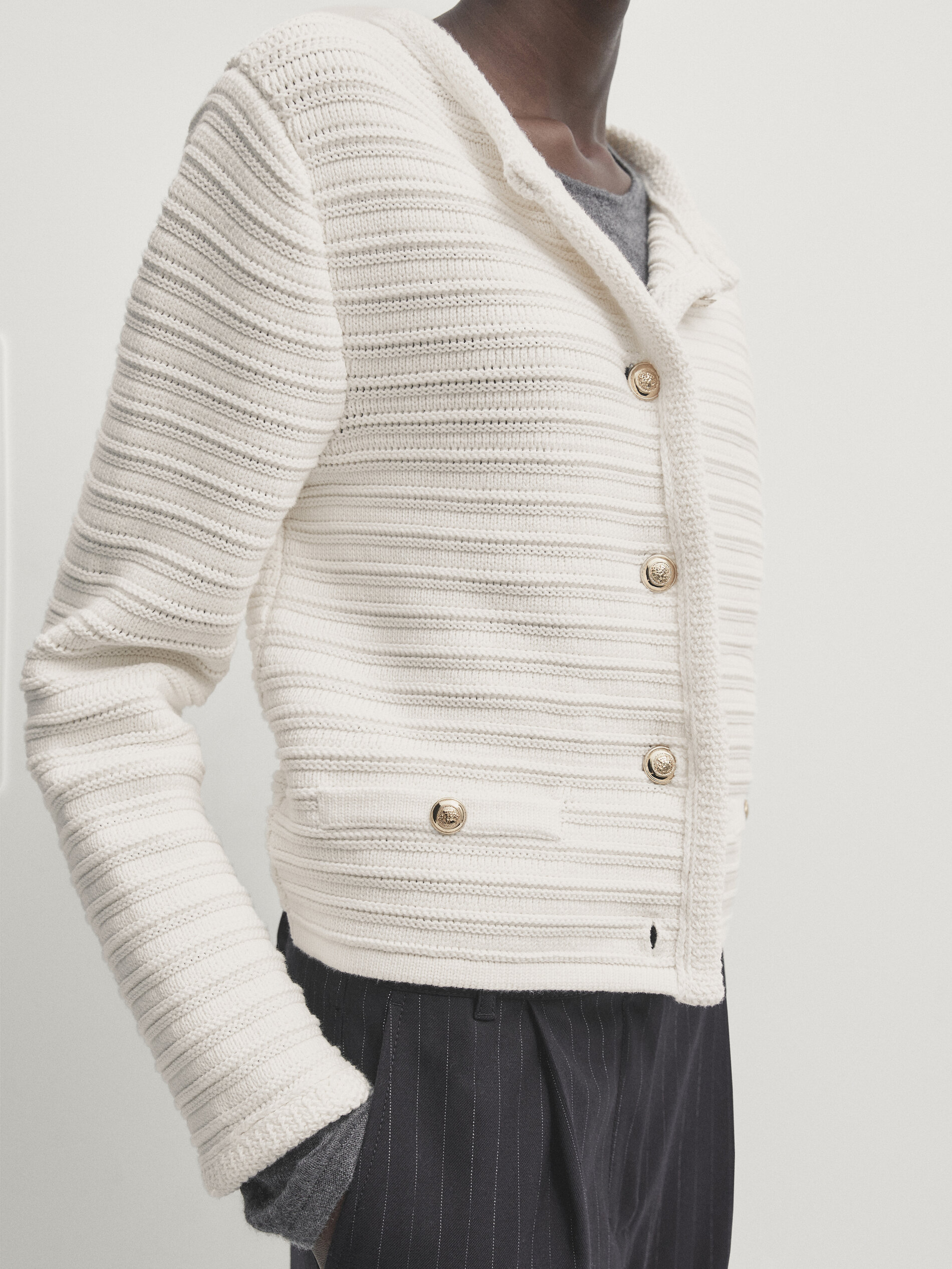 Textured knit cardigan with gold buttons · Cream · Sweaters And