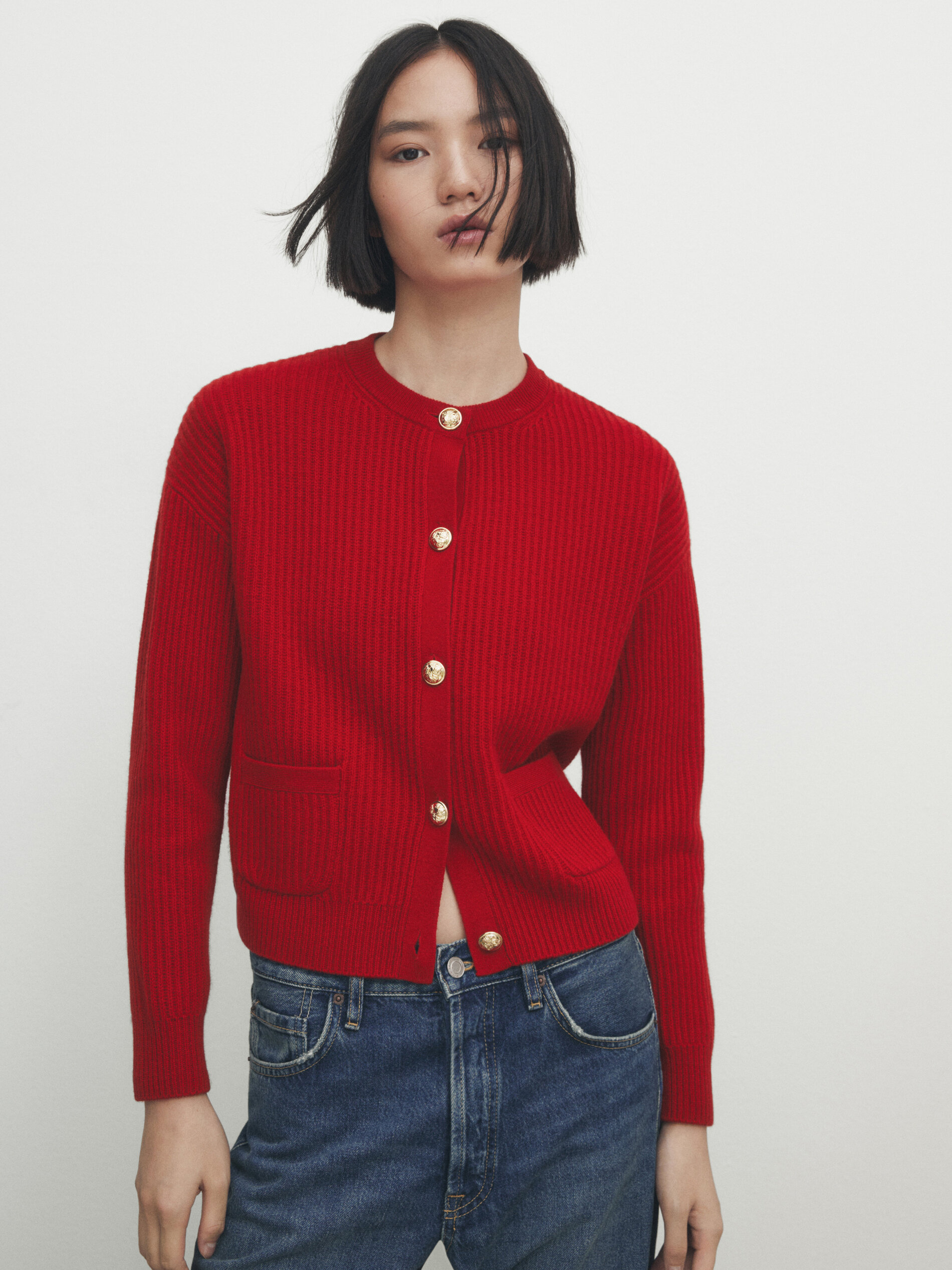 Red knit cardigan womens clearance