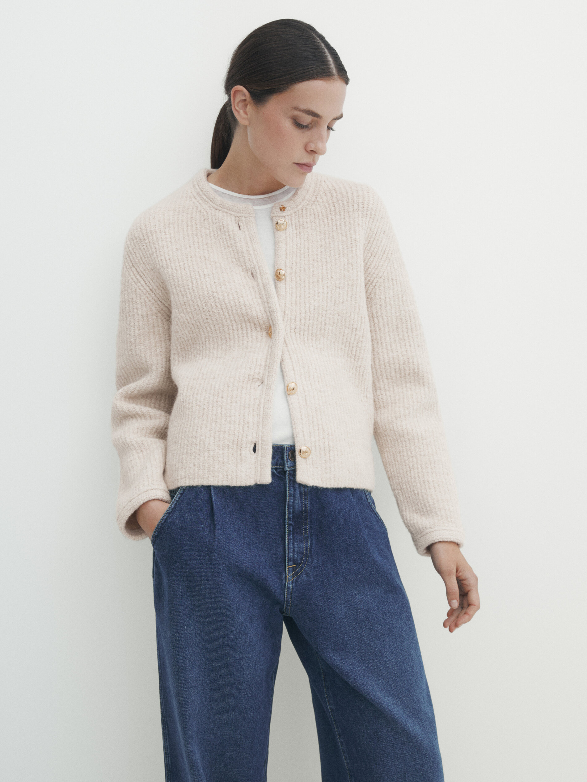 Knit cardigan with button detail at the back Beige Sweaters
