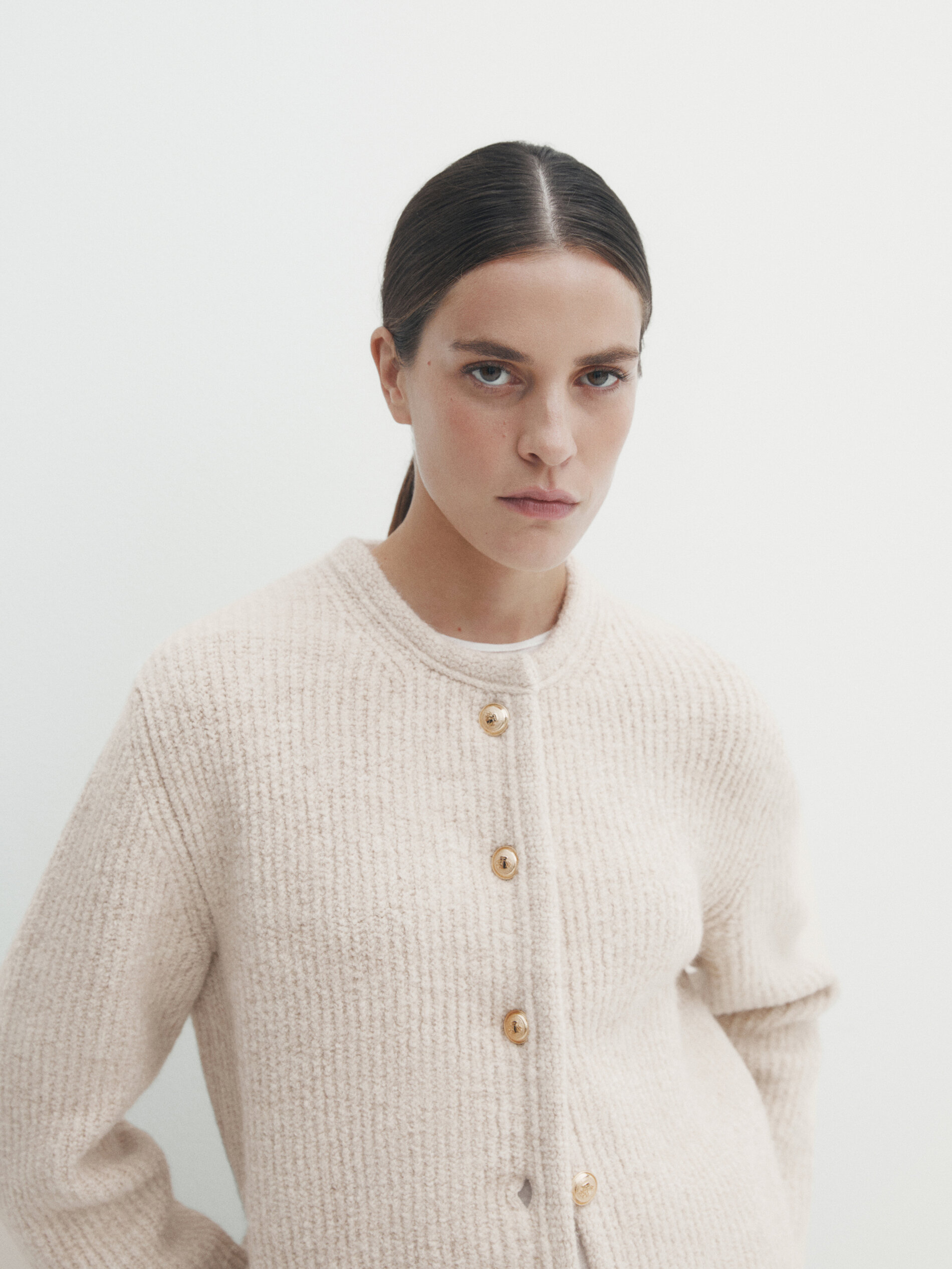 Knit cardigan with button detail at the back Beige Sweaters