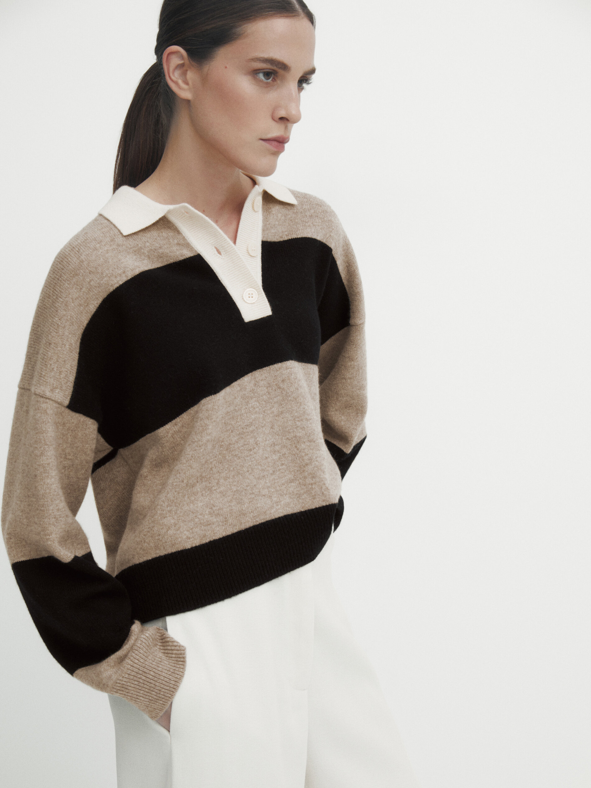 Striped knit sweater with contrast polo collar Mink Sweaters