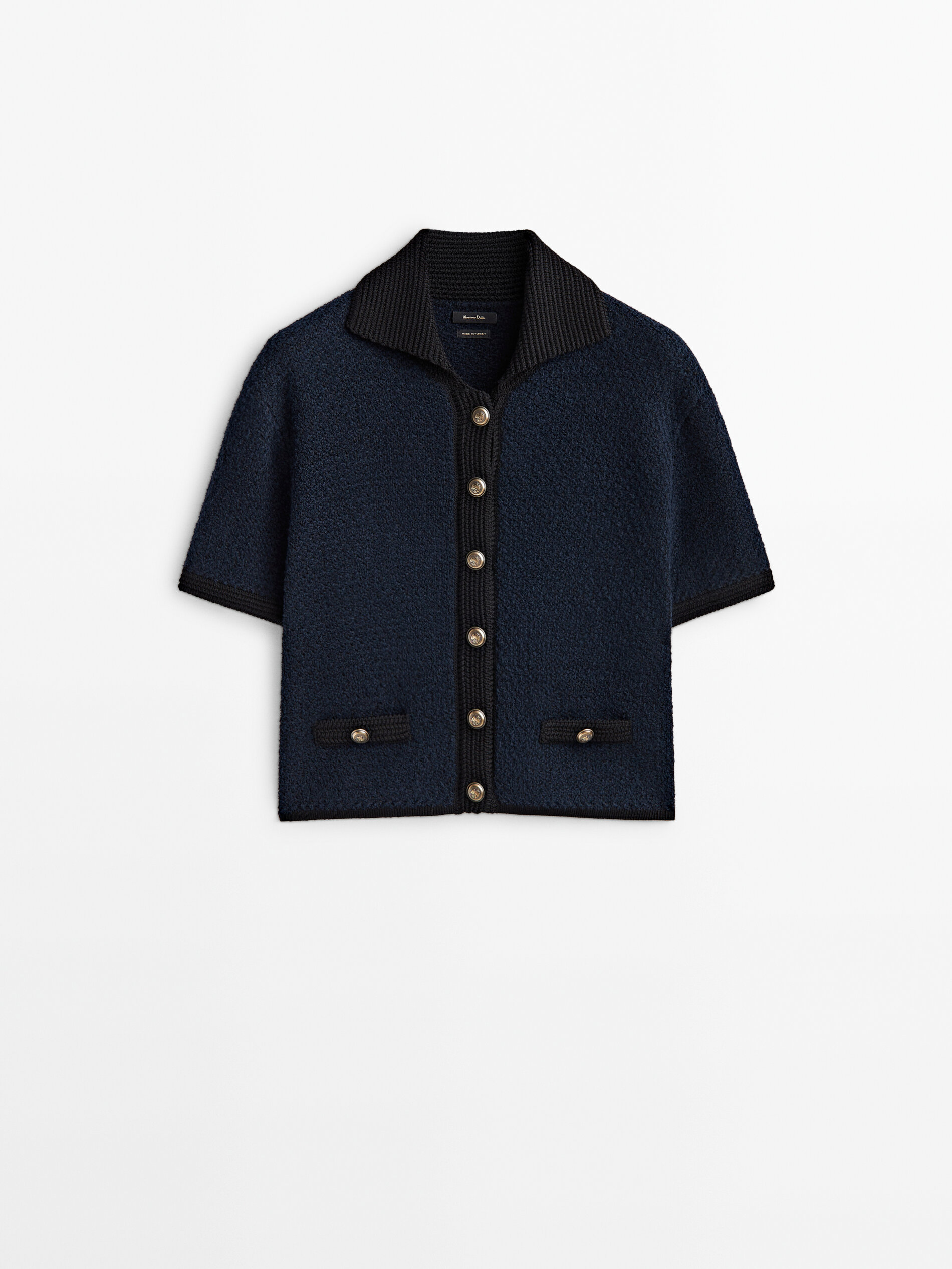 Textured knit polo sweater with gold toned buttons Blue