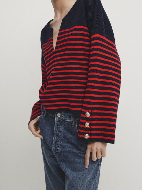 Striped sweater with Cardigans button Red details · | And · Dutti Massimo Sweaters