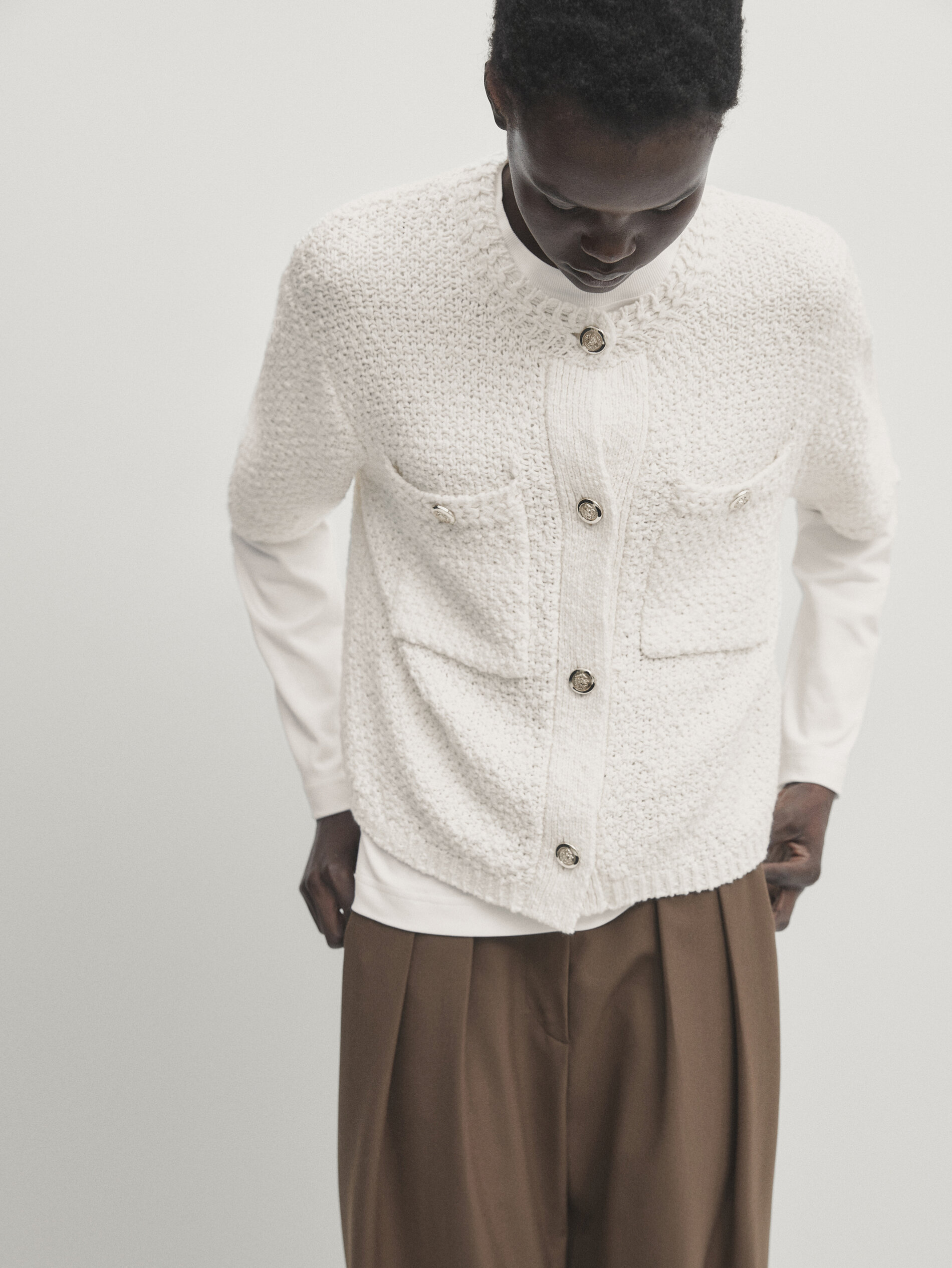 Textured knit cardigan with pockets Cream Black Sweaters And