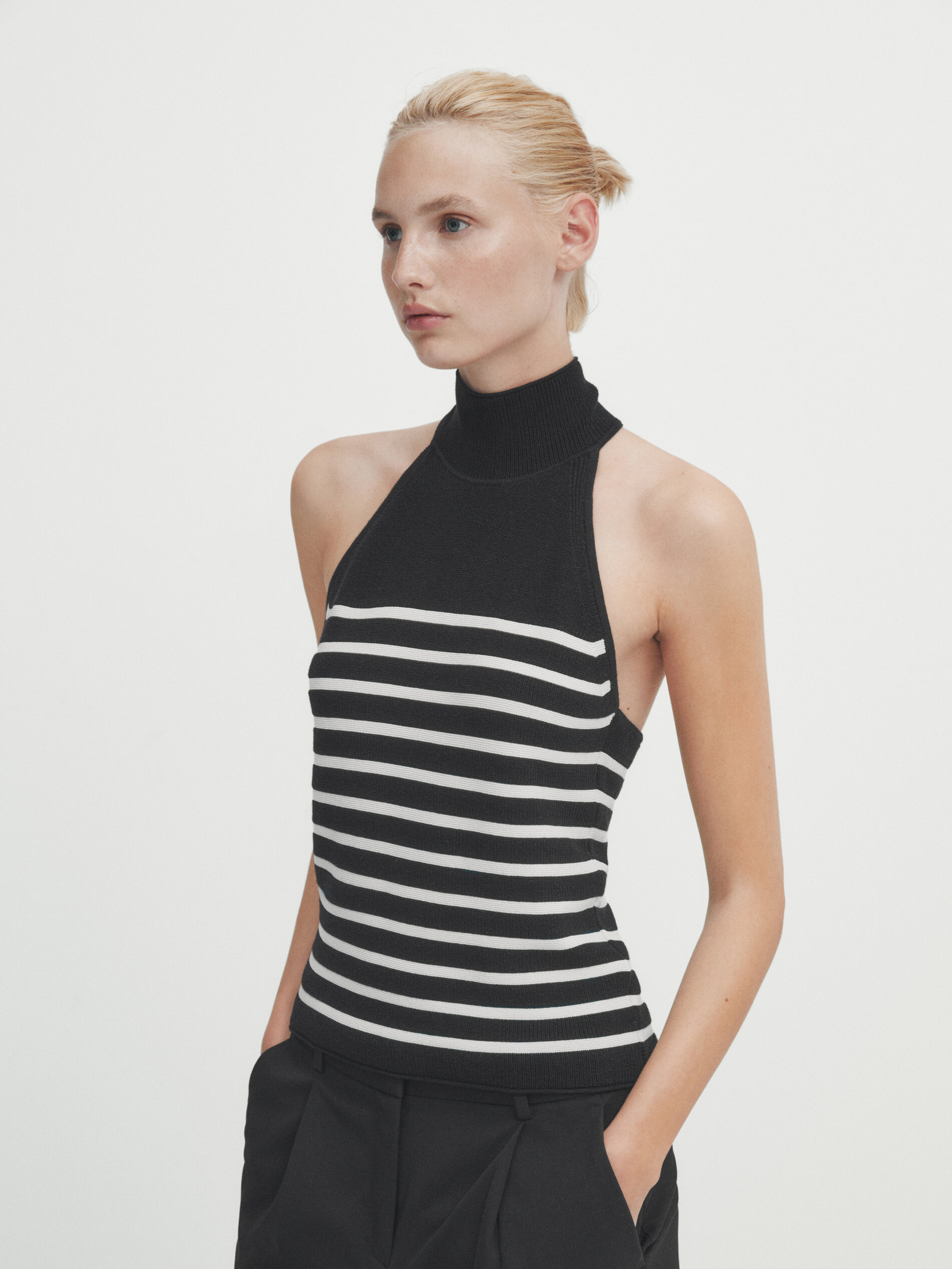 Striped halter neck knit top
