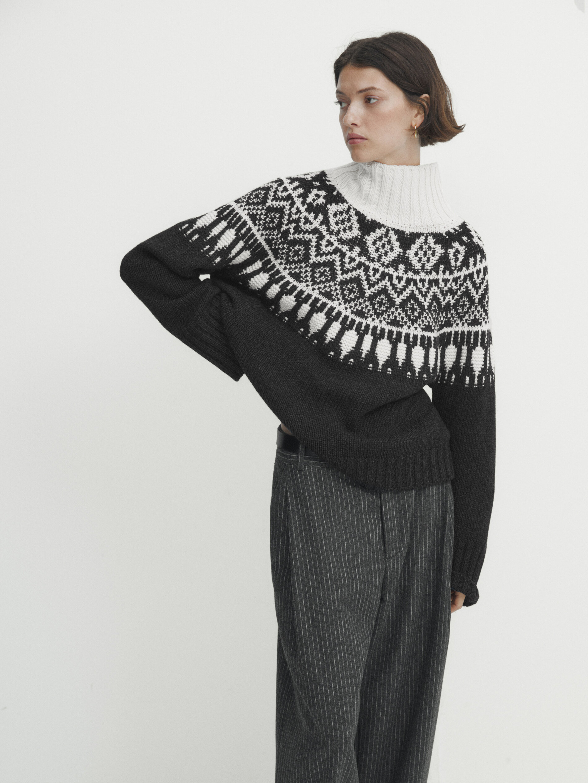 High neck jacquard knit sweater Charcoal Sweaters And