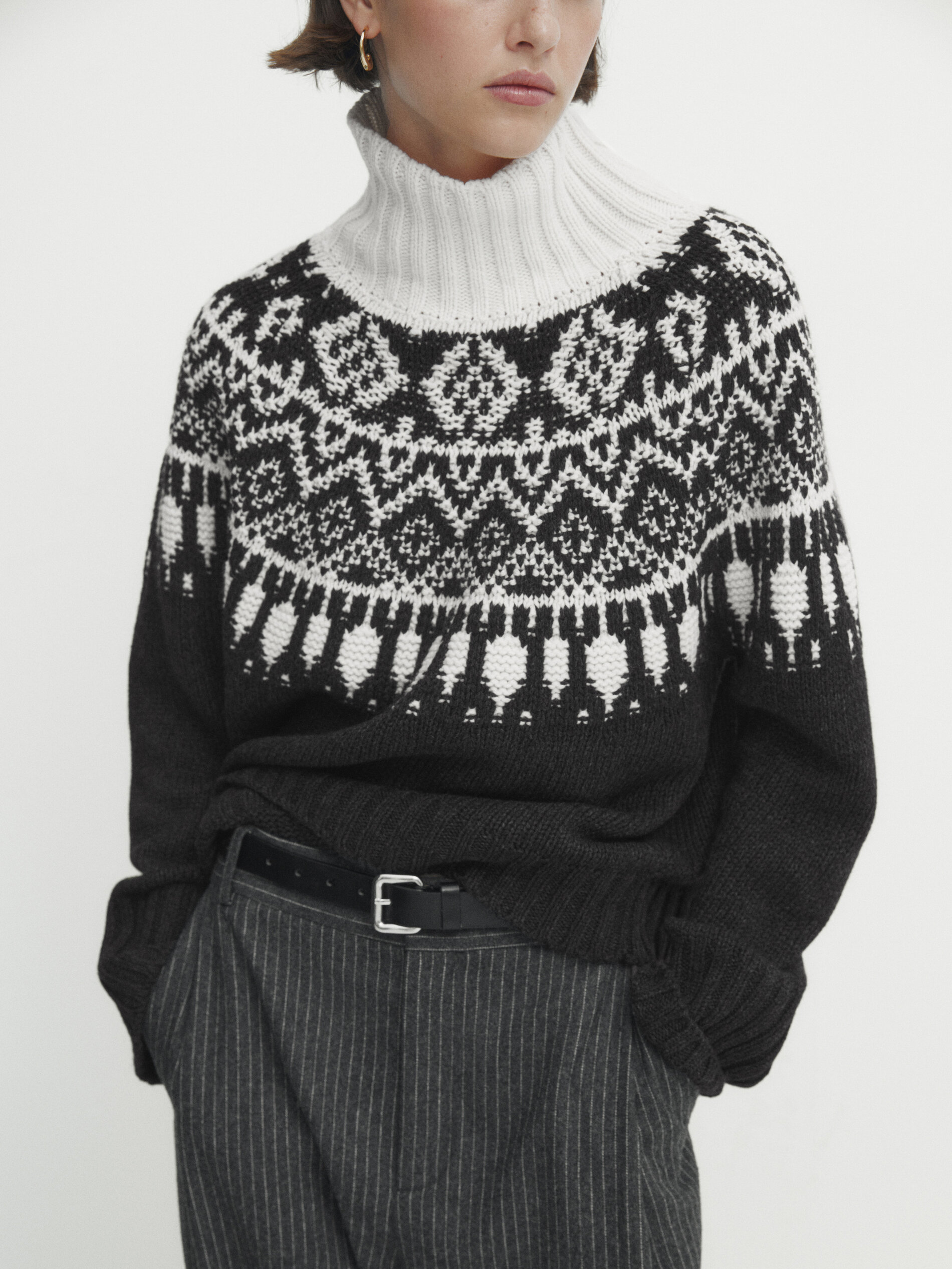 High neck jacquard knit sweater