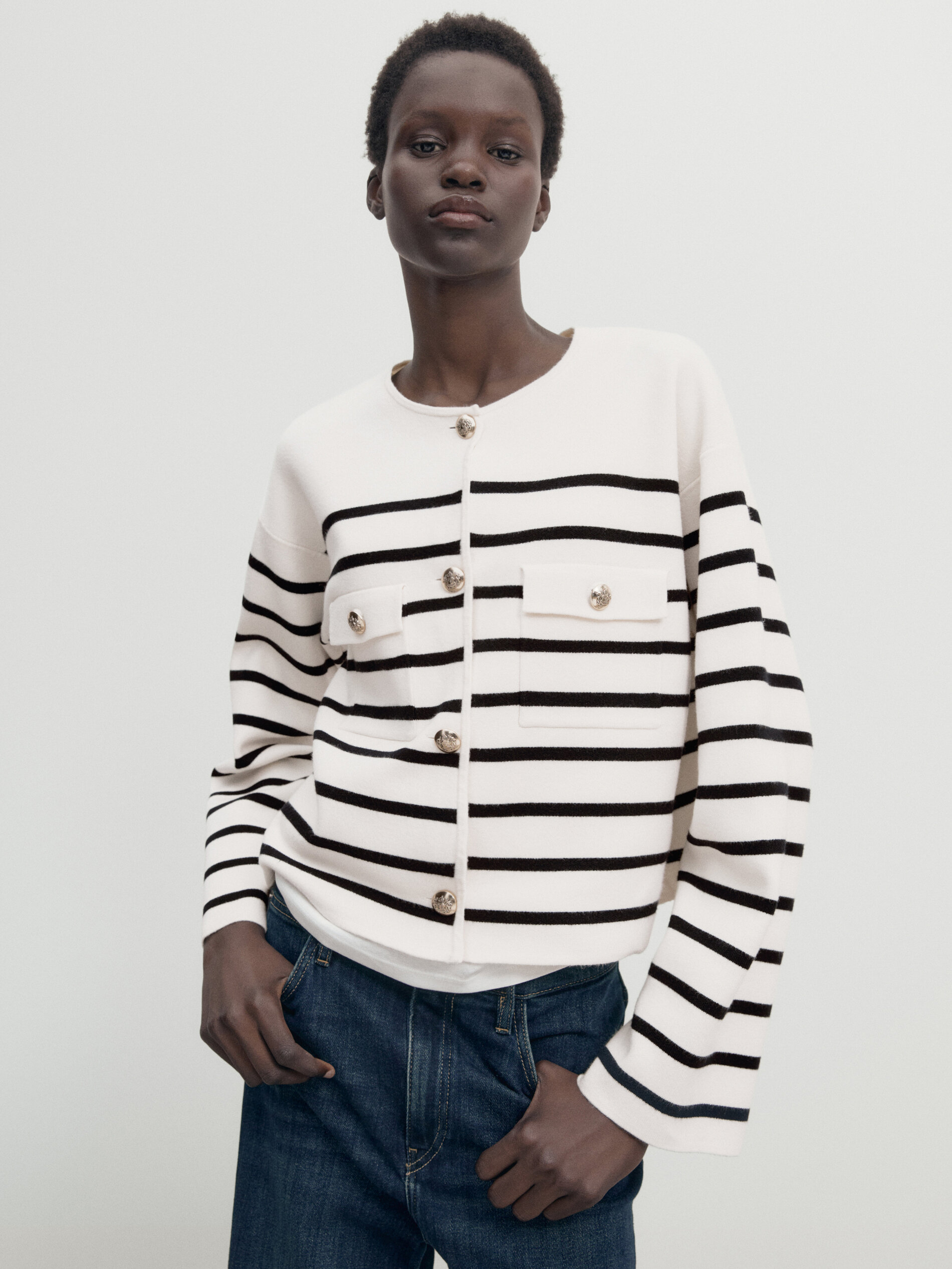 Striped knit cardigan with pockets · Pale Ecru · Sweaters And