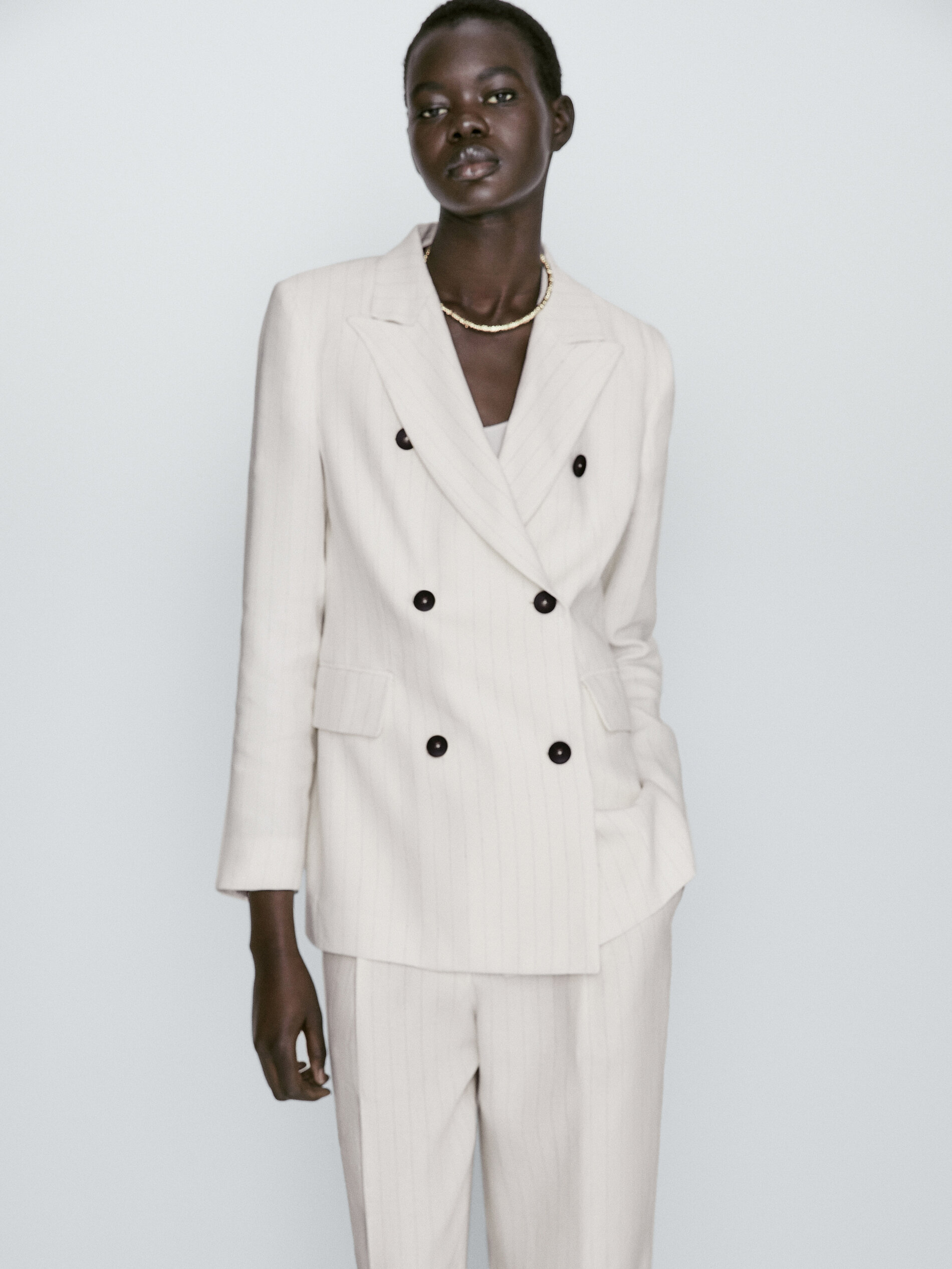 Pinstriped double breasted suit blazer